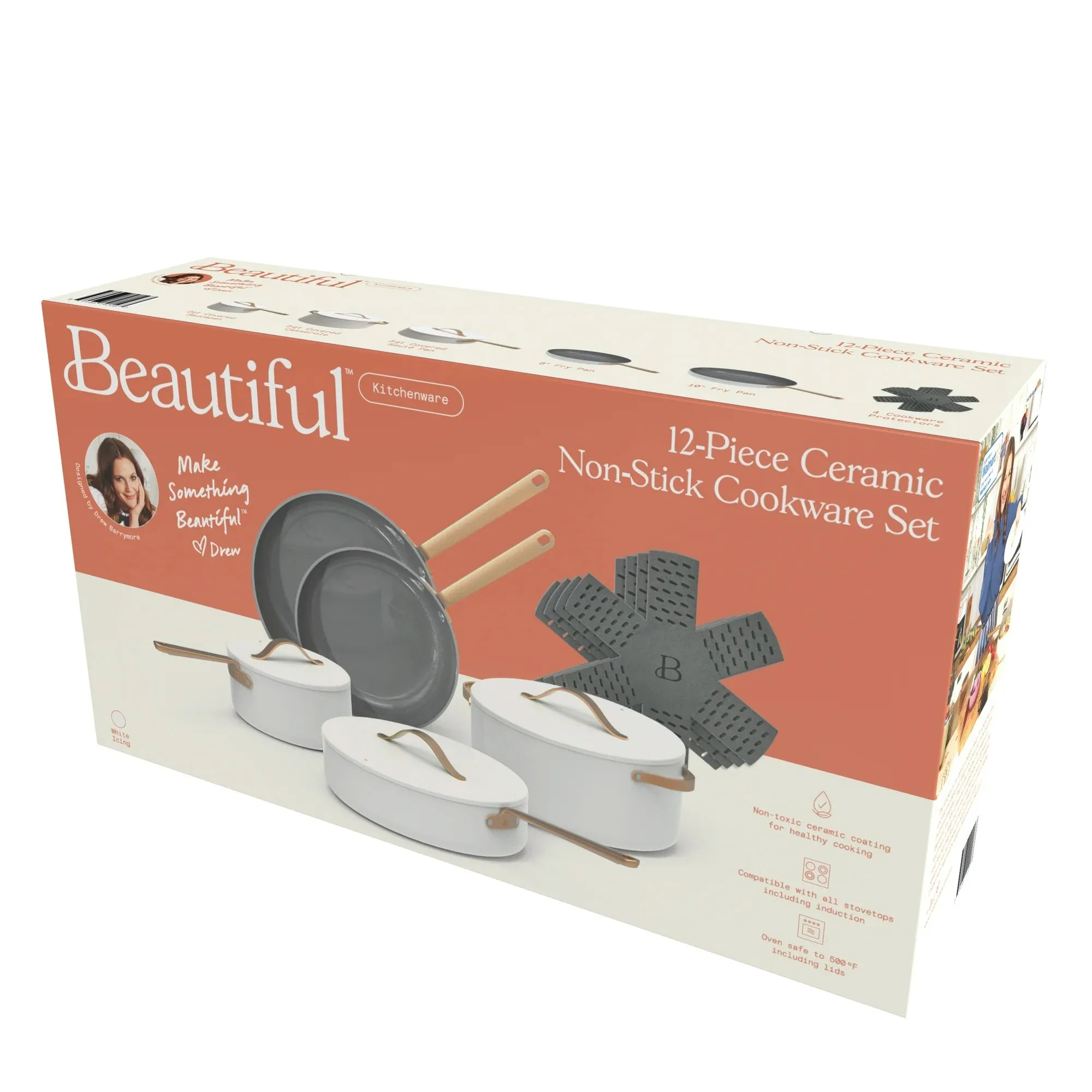 Beautiful 19206 12pc Ceramic Non-Stick Cookware Set, White Icing by Drew Barrymore