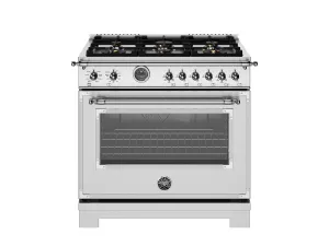 Bertazzoni HER366BCFEPXT 36 Inch Dual Fuel Range, 6 Brass Burner And Cast Iron Griddle, Electric Self-Clean Oven Stainless Steel
