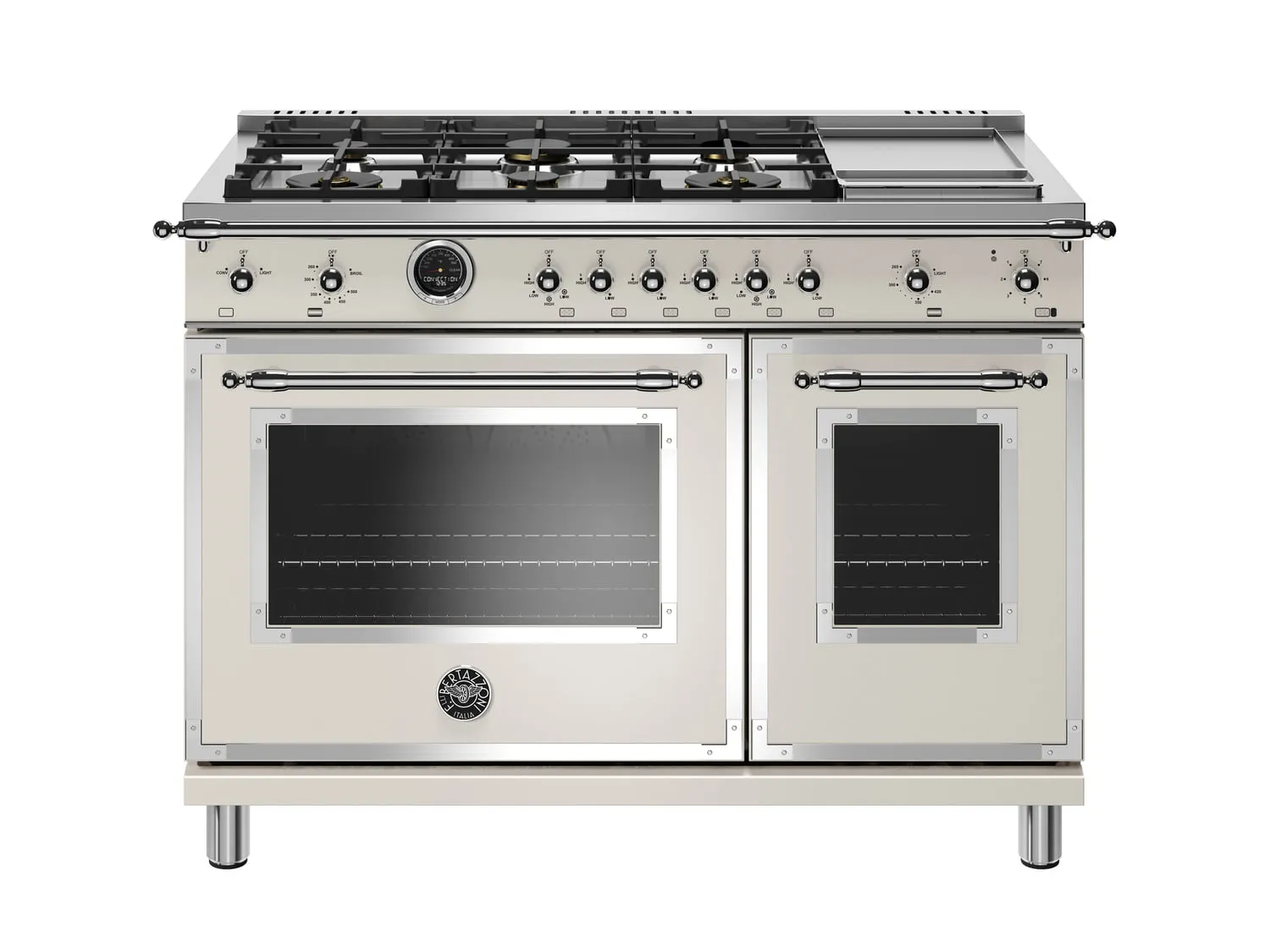 Bertazzoni HERT486GDFSAVT 48 Inch Dual Fuel Range, 6 Brass Burners And Griddle, Electric Self Clean Oven Avorio