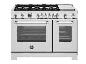 Bertazzoni MAS486BTFEPXT 48 Inch Dual Fuel Range, 6 Brass Burners And Griddle, Electric Self-Clean Oven Stainless Steel
