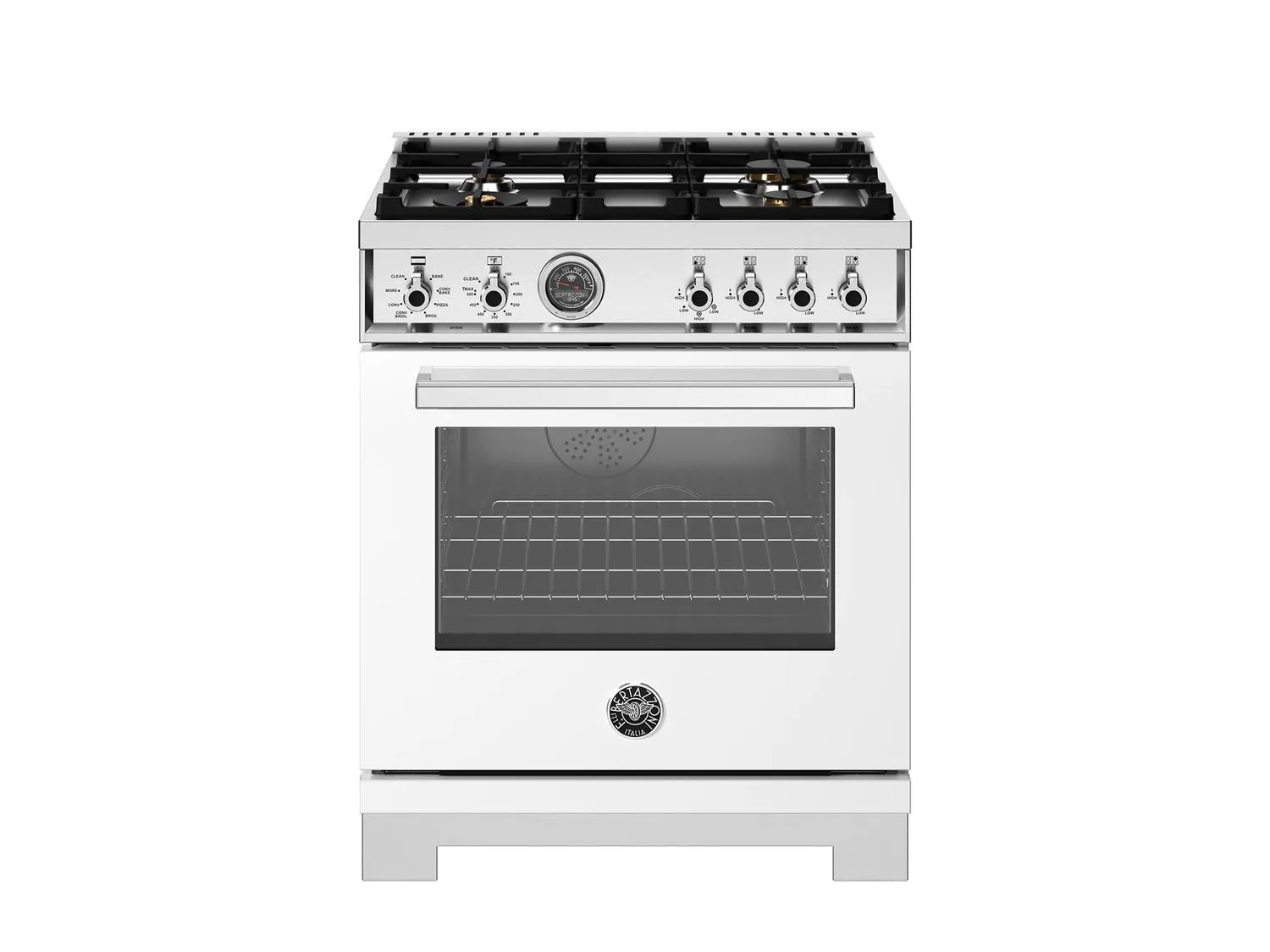 Bertazzoni PRO304BFEPBIT 30 Inch Dual Fuel Range, 4 Brass Burners, Electric Self-Clean Oven Bianco