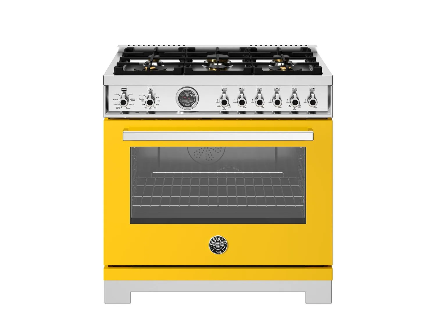 Bertazzoni PRO366BCFEPGIT 36 Inch Dual Fuel Range, 6 Brass Burners And Cast Iron Griddle, Electric Self-Clean Oven Giallo