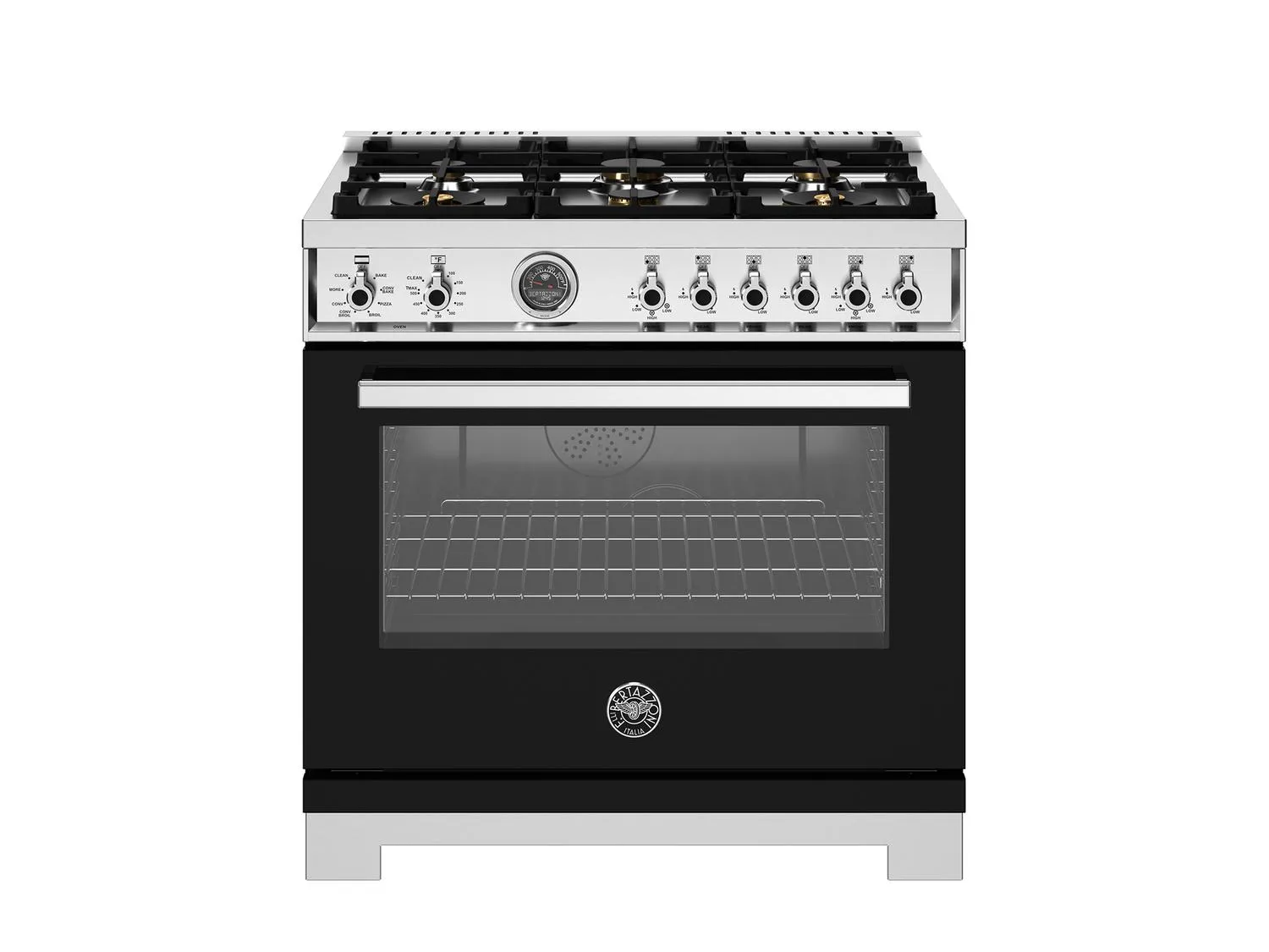 Bertazzoni PRO366BCFEPNET 36 Inch Dual Fuel Range, 6 Brass Burners And Cast Iron Griddle, Electric Self-Clean Oven Nero