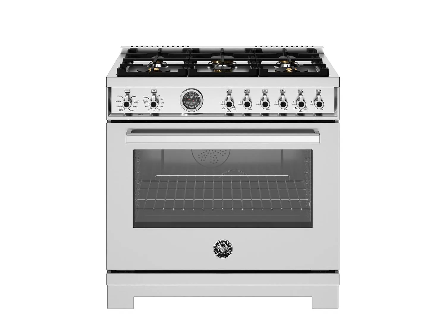 Bertazzoni PRO366BCFEPXT 36 Inch Dual Fuel Range, 6 Brass Burners And Cast Iron Griddle, Electric Self-Clean Oven Stainless Steel