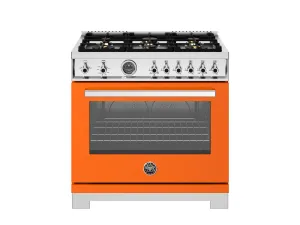 Bertazzoni PRO366BCFGMART 36 Inch All Gas Range, 6 Brass Burners And Cast Iron Griddle Arancio