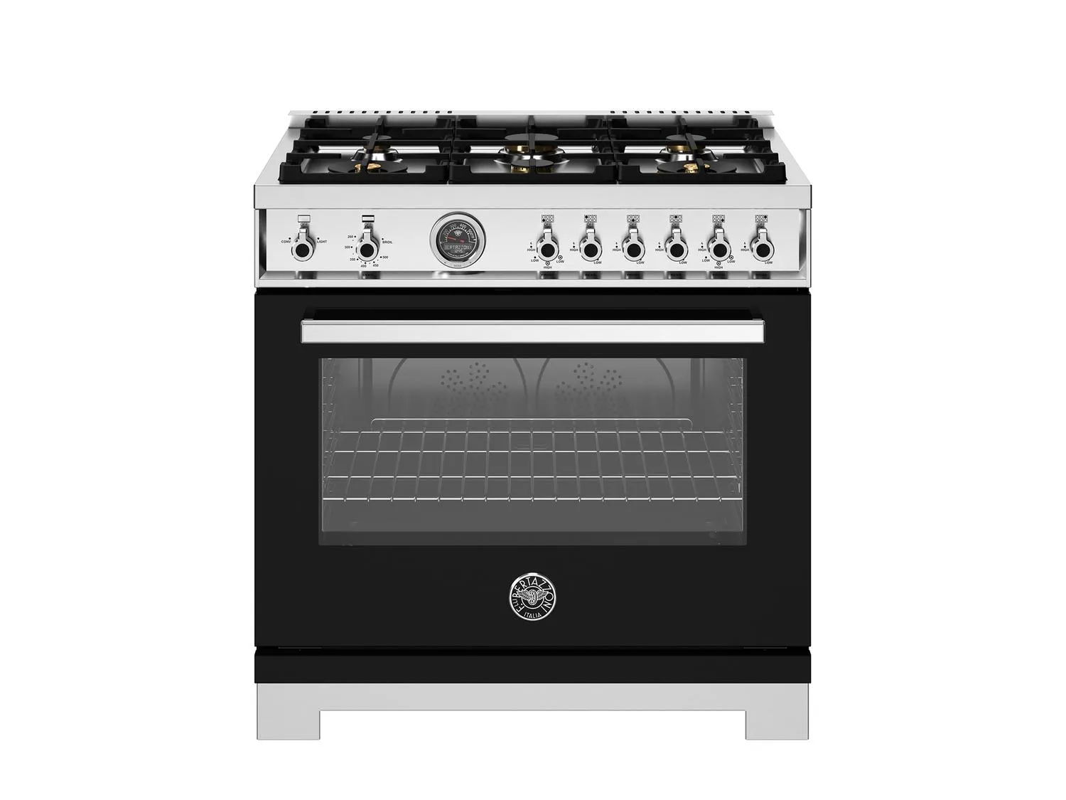 Bertazzoni PRO366BCFGMNET 36 Inch All Gas Range, 6 Brass Burners And Cast Iron Griddle Nero