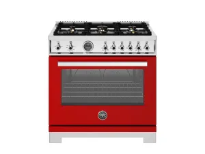 Bertazzoni PRO366BCFGMROT 36 Inch All Gas Range, 6 Brass Burners And Cast Iron Griddle Rosso