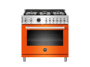 Bertazzoni PROF366DFSART 36 Inch Dual Fuel Range, 6 Brass Burner, Electric Self-Clean Orange