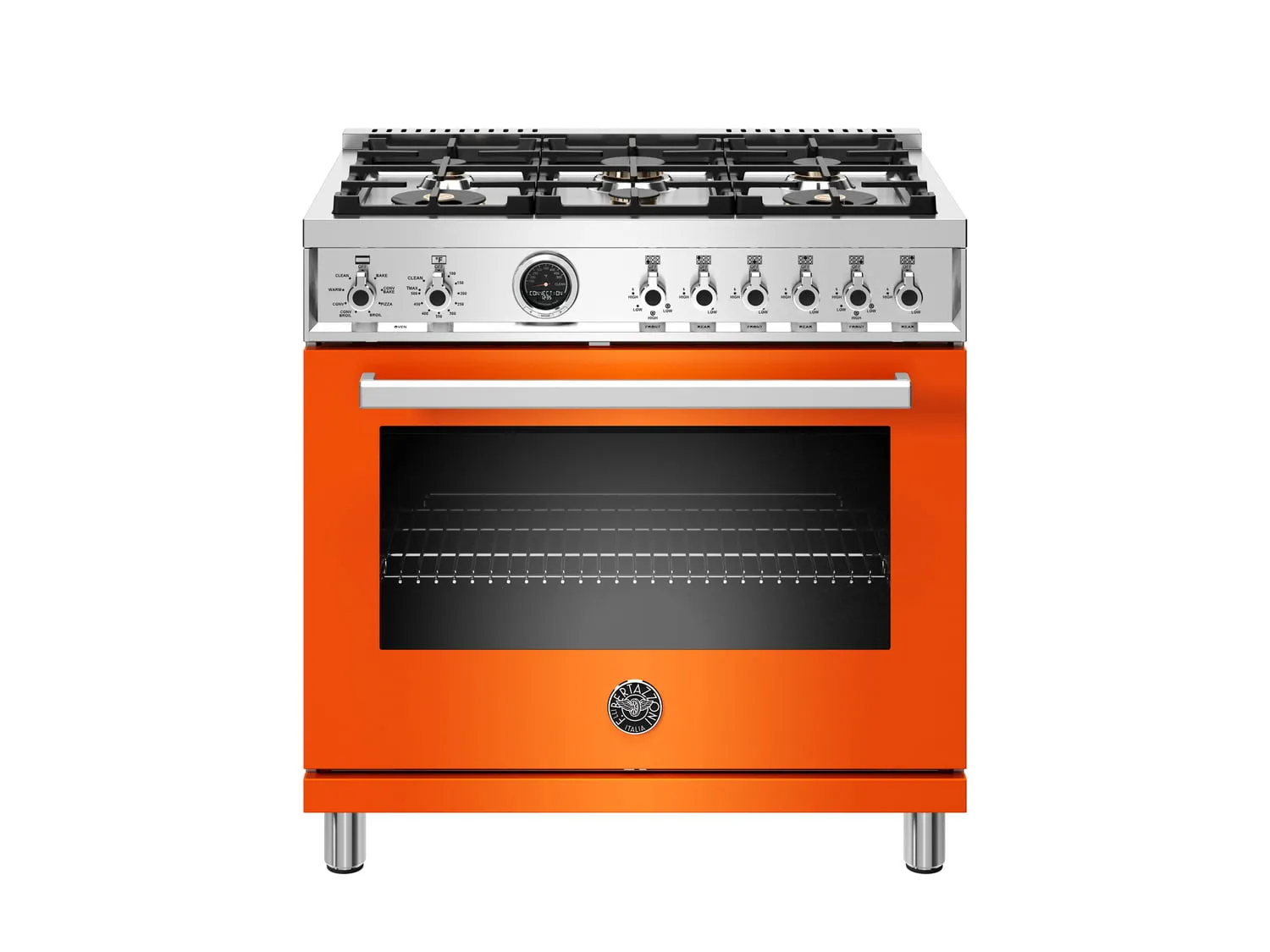 Bertazzoni PROF366DFSART 36 Inch Dual Fuel Range, 6 Brass Burner, Electric Self-Clean Orange