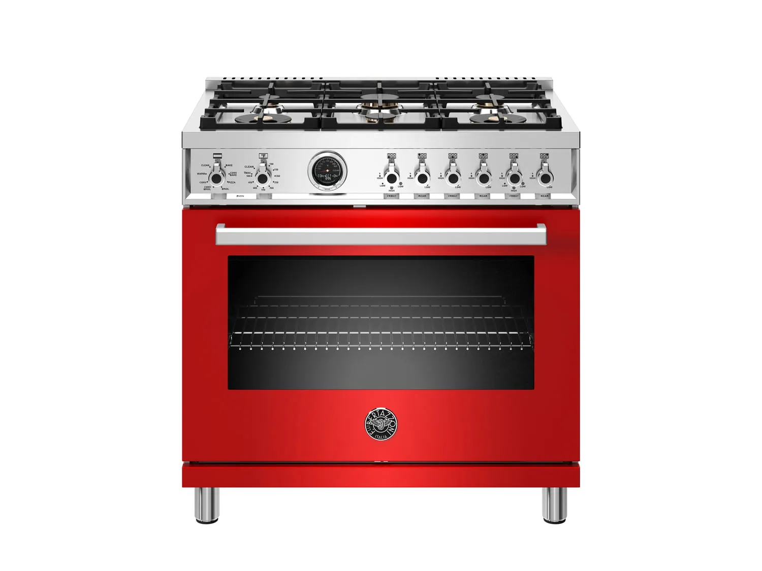 Bertazzoni PROF366DFSROT 36 Inch Dual Fuel Range, 6 Brass Burner, Electric Self-Clean Red