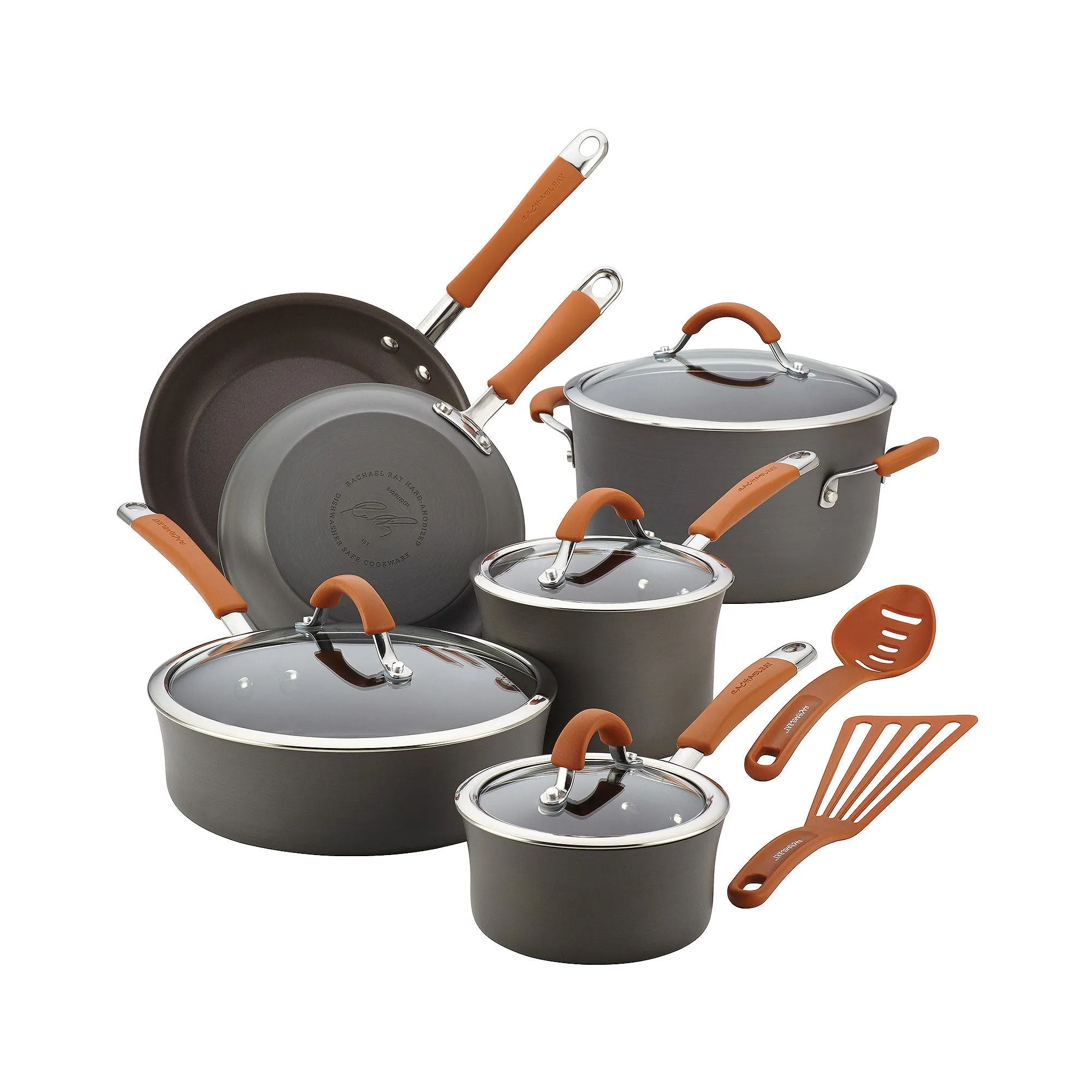 Cucina Hard-Anodized Nonstick 12-Piece Cookware Set in Gray with Handles in Pumpkin Orange