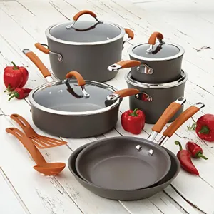 Cucina Hard-Anodized Nonstick 12-Piece Cookware Set in Gray with Handles in Pumpkin Orange