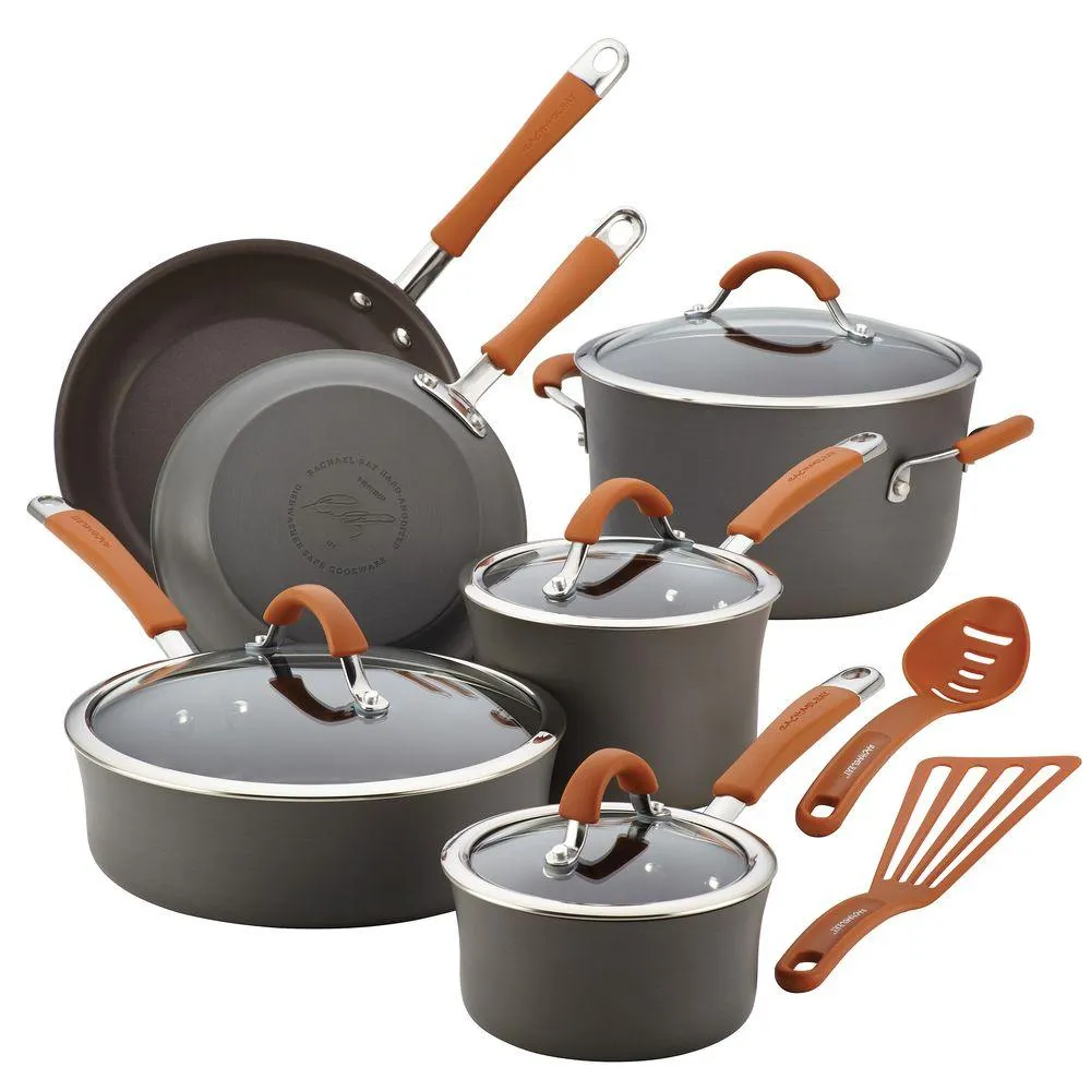 Cucina Hard-Anodized Nonstick 12-Piece Cookware Set in Gray with Handles in Pumpkin Orange