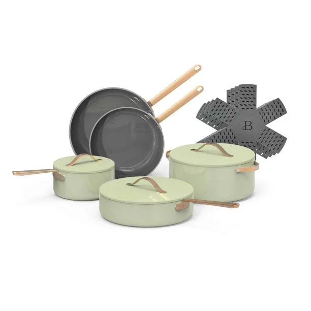 Drew Barrymore 19223 Beautiful 12pc Ceramic Non-Stick Cookware Set, Sage Green