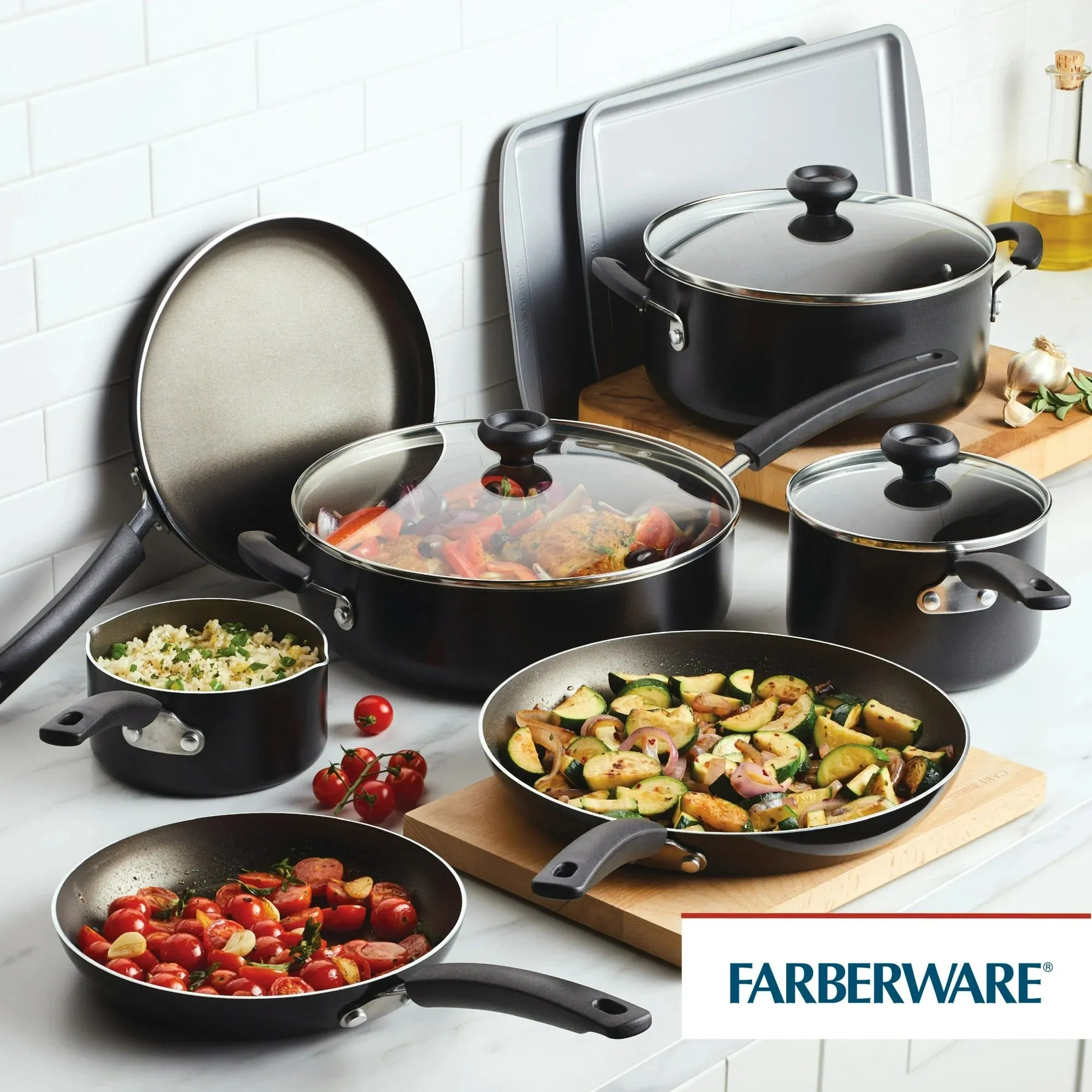 Farberware 22455 Easy Clean 22 Piece Nonstick Cookware Pots and Pans Set, Black