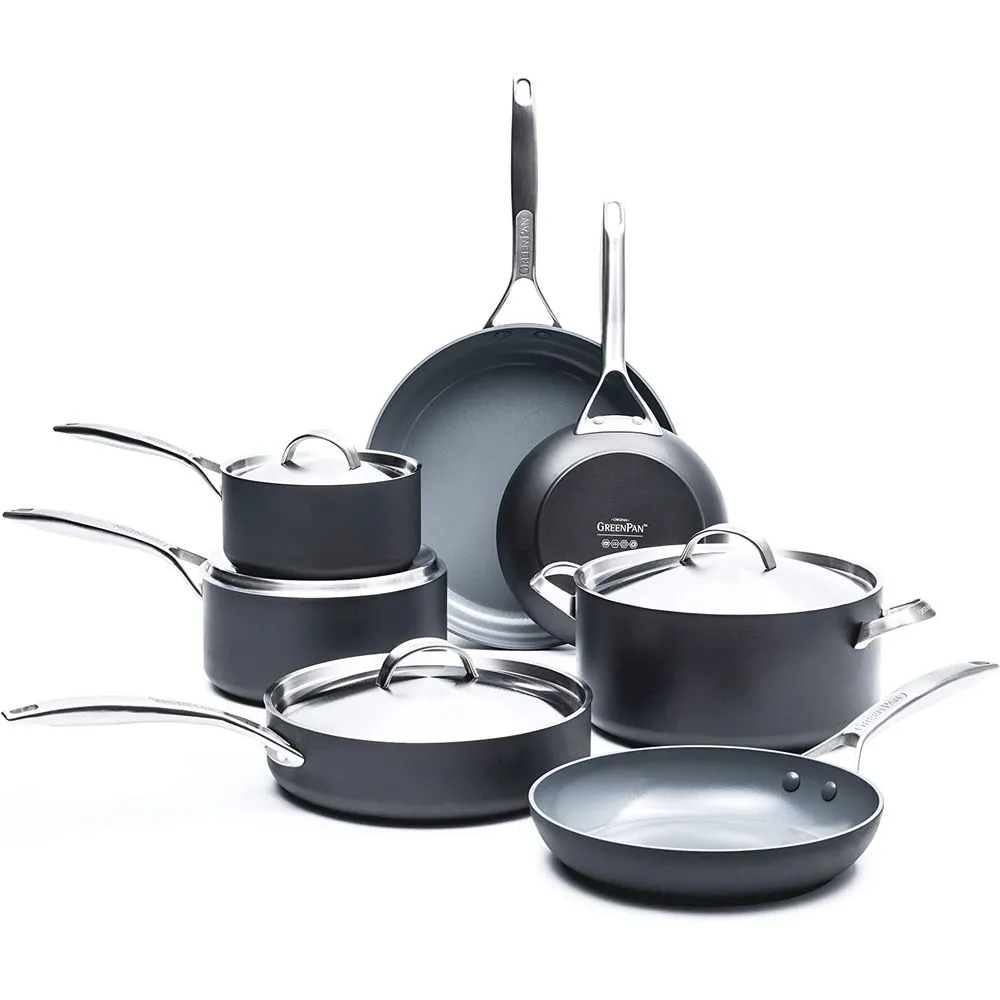 GreenPan CC000045-001 Paris Pro Hard Anodized Healthy Ceramic Nonstick, 11 Piece Cookware Pots and Pans Set Grey