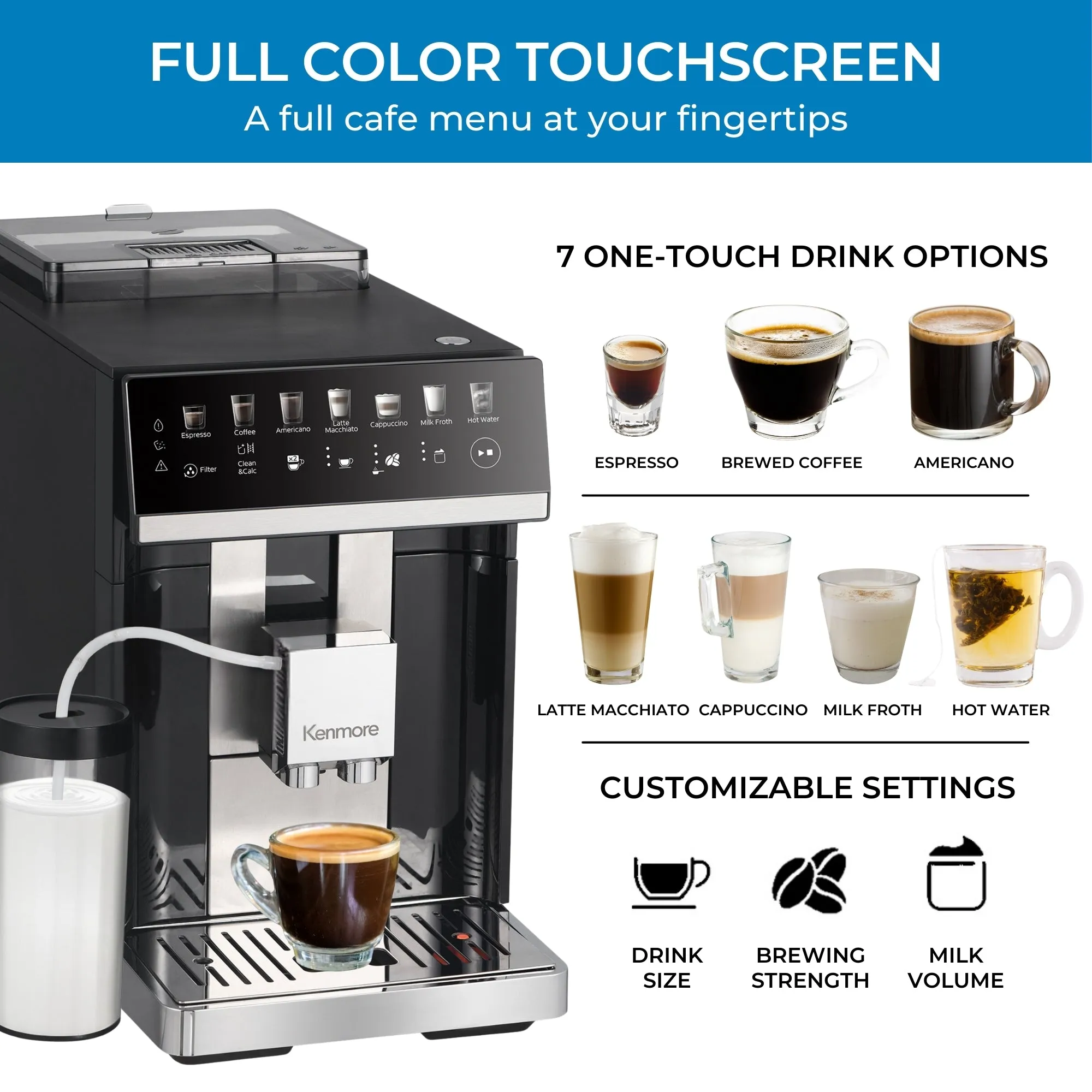 Kenmore Super Automatic Espresso Coffee Machine | Dual Cream System Milk Frother & Grinder | Full Color Touchscreen | One-Touch Cappuccino Latte Macchiato | 15 Bar Fully Automatic Coffeemaker | Black