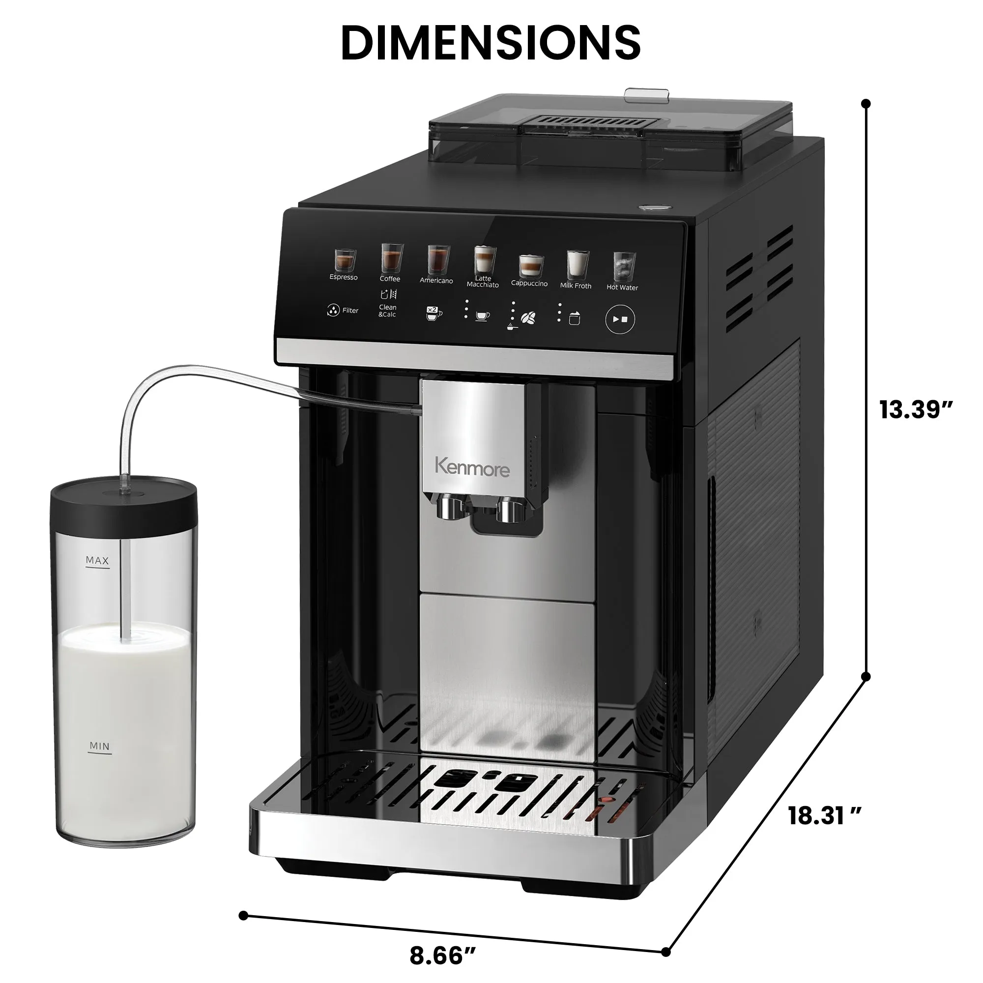 Kenmore Super Automatic Espresso Coffee Machine | Dual Cream System Milk Frother & Grinder | Full Color Touchscreen | One-Touch Cappuccino Latte Macchiato | 15 Bar Fully Automatic Coffeemaker | Black