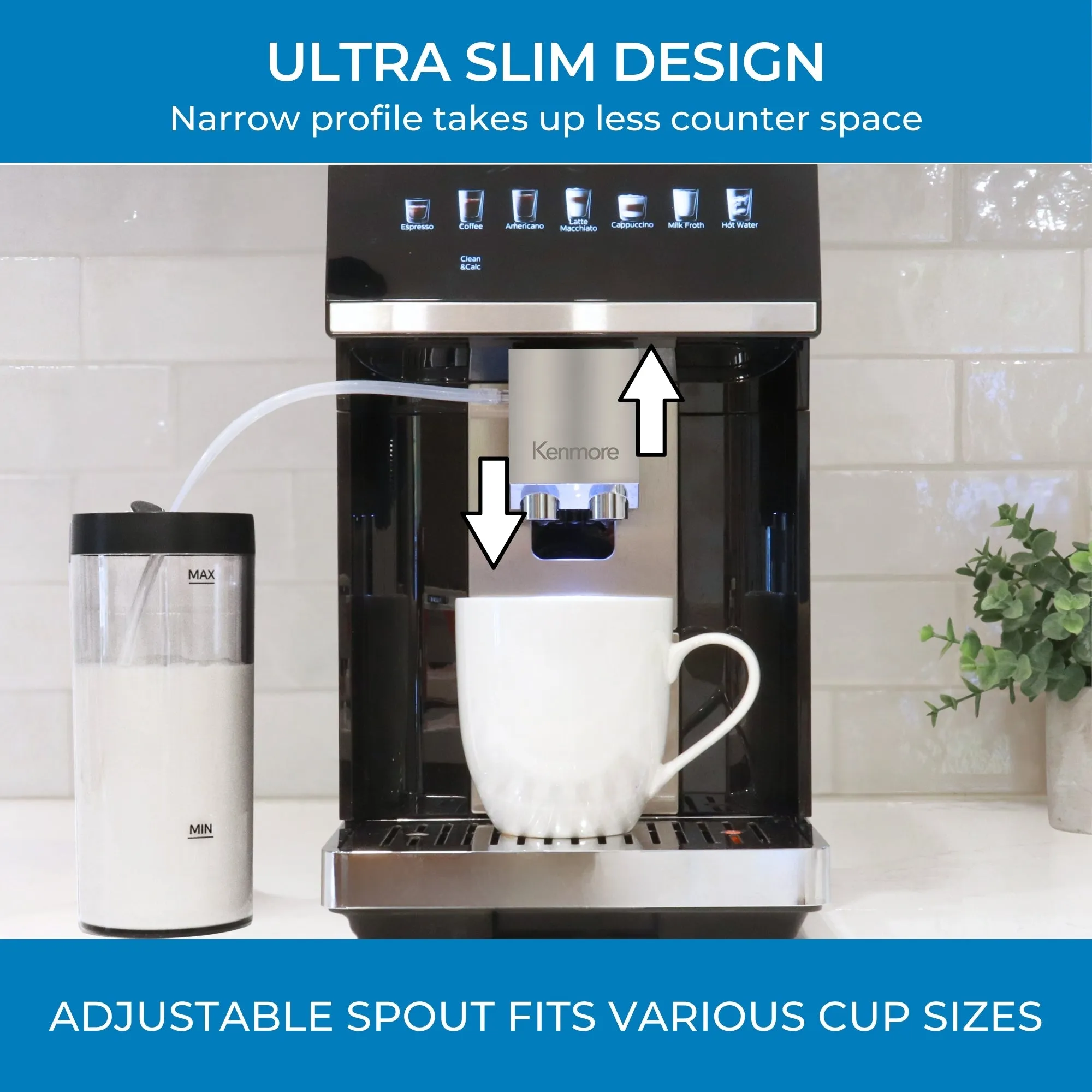 Kenmore Super Automatic Espresso Coffee Machine | Dual Cream System Milk Frother & Grinder | Full Color Touchscreen | One-Touch Cappuccino Latte Macchiato | 15 Bar Fully Automatic Coffeemaker | Black