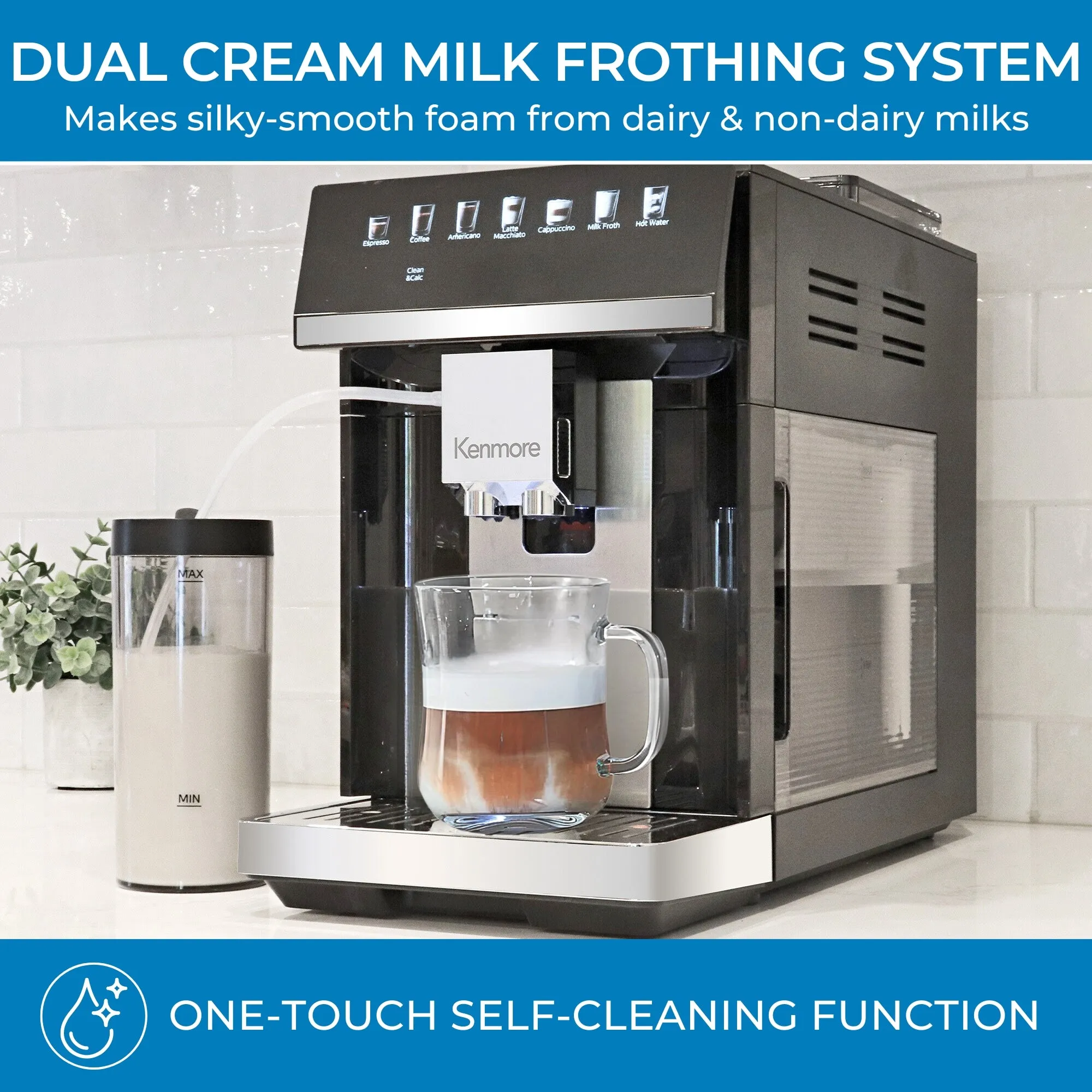Kenmore Super Automatic Espresso Coffee Machine | Dual Cream System Milk Frother & Grinder | Full Color Touchscreen | One-Touch Cappuccino Latte Macchiato | 15 Bar Fully Automatic Coffeemaker | Black