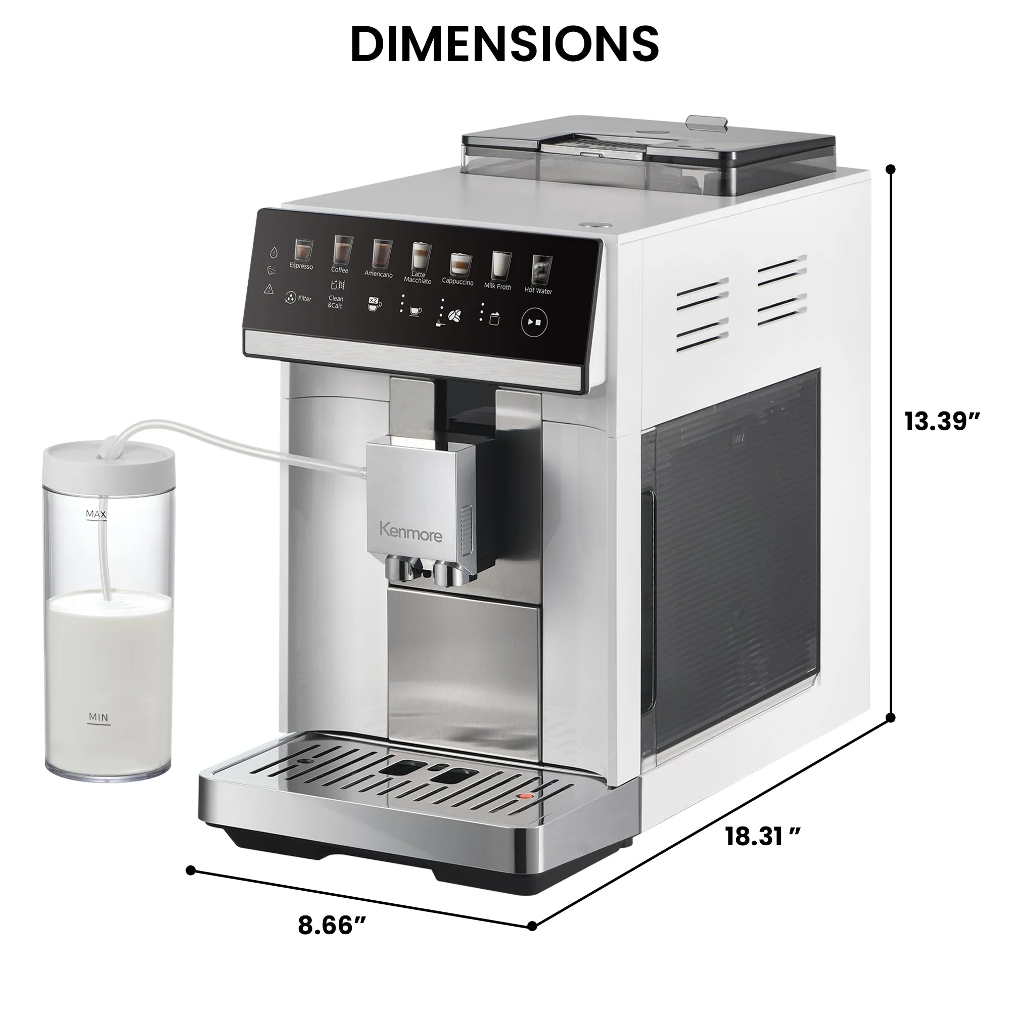 Kenmore Super Automatic Espresso Coffee Machine | Dual Cream System Milk Frother & Grinder | Full Color Touchscreen | One-Touch Cappuccino Latte Macchiato | 15 Bar Fully Automatic Coffeemaker | White