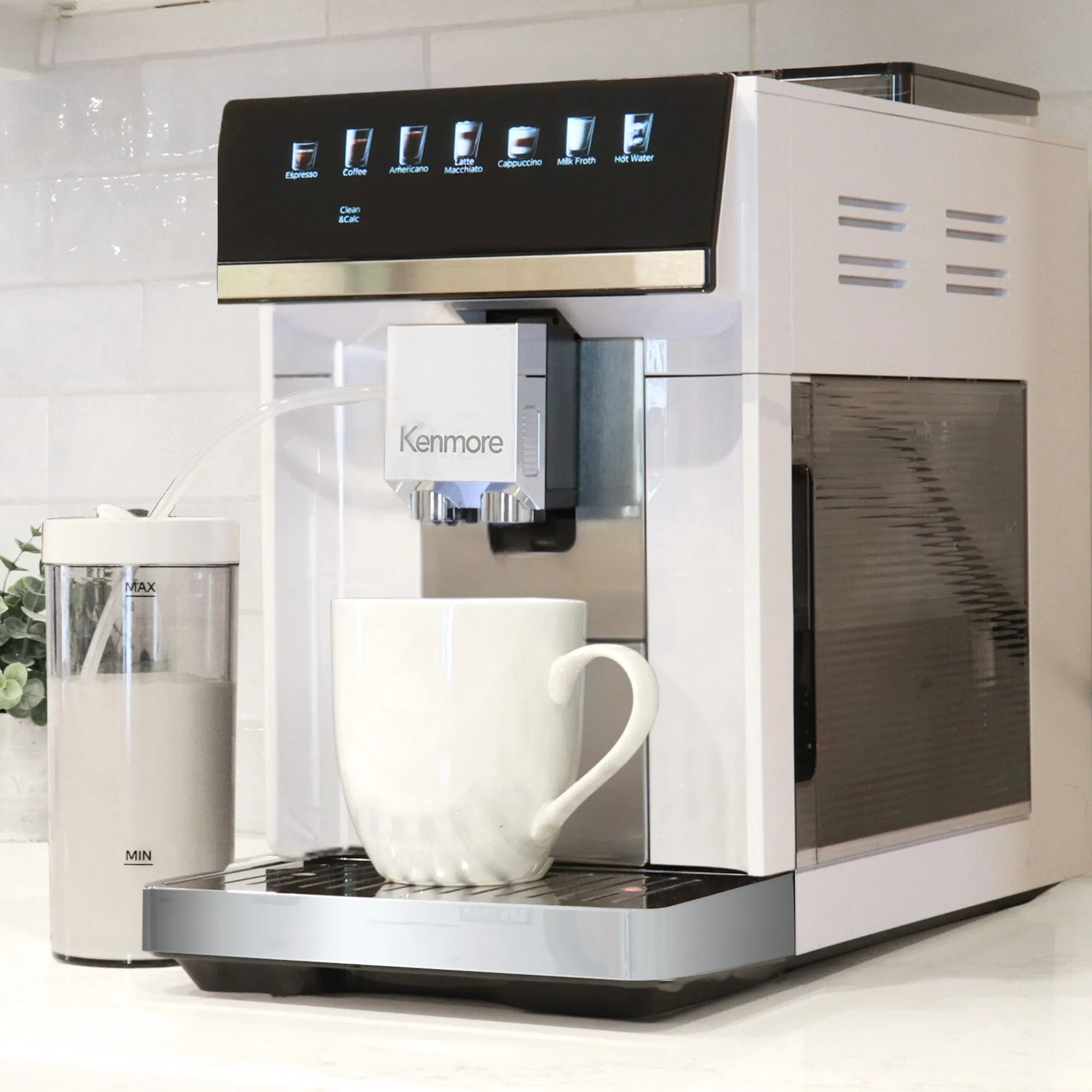 Kenmore Super Automatic Espresso Coffee Machine | Dual Cream System Milk Frother & Grinder | Full Color Touchscreen | One-Touch Cappuccino Latte Macchiato | 15 Bar Fully Automatic Coffeemaker | White