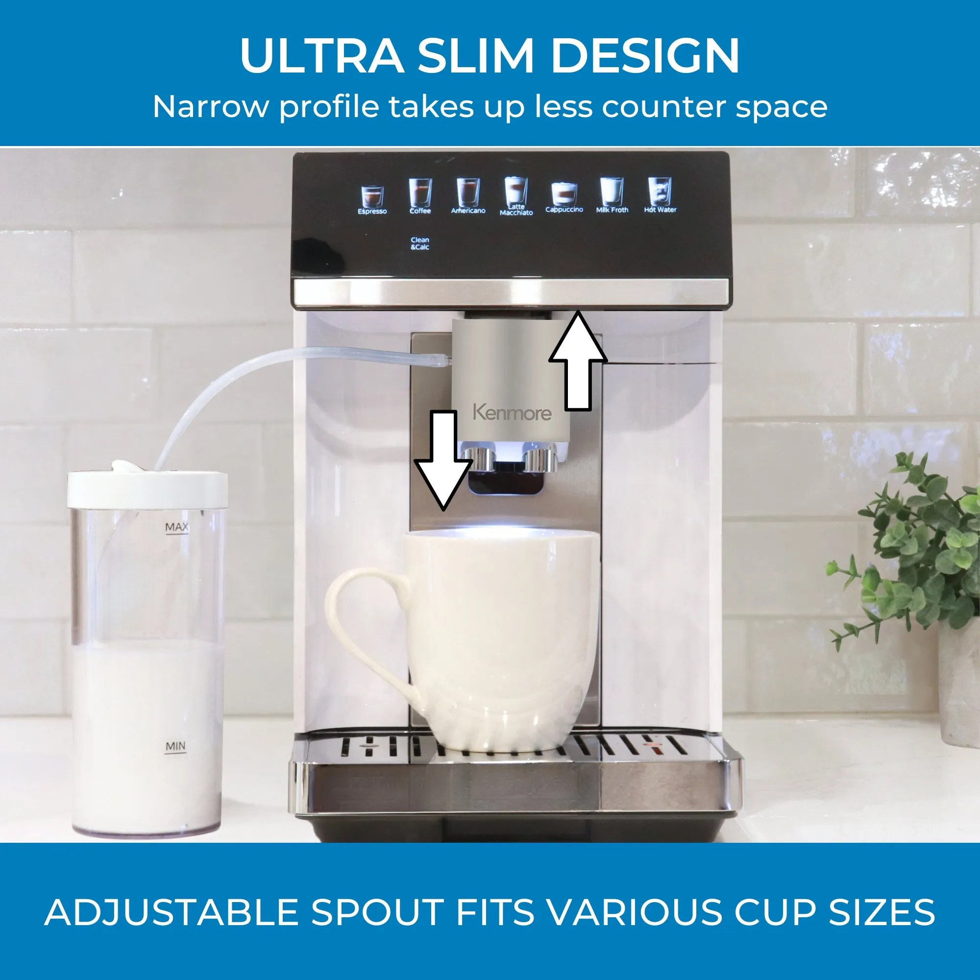 Kenmore Super Automatic Espresso Coffee Machine | Dual Cream System Milk Frother & Grinder | Full Color Touchscreen | One-Touch Cappuccino Latte Macchiato | 15 Bar Fully Automatic Coffeemaker | White