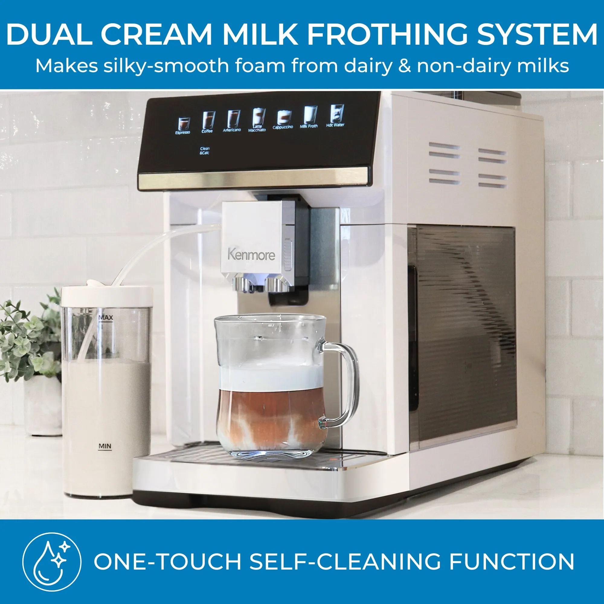 Kenmore Super Automatic Espresso Coffee Machine | Dual Cream System Milk Frother & Grinder | Full Color Touchscreen | One-Touch Cappuccino Latte Macchiato | 15 Bar Fully Automatic Coffeemaker | White