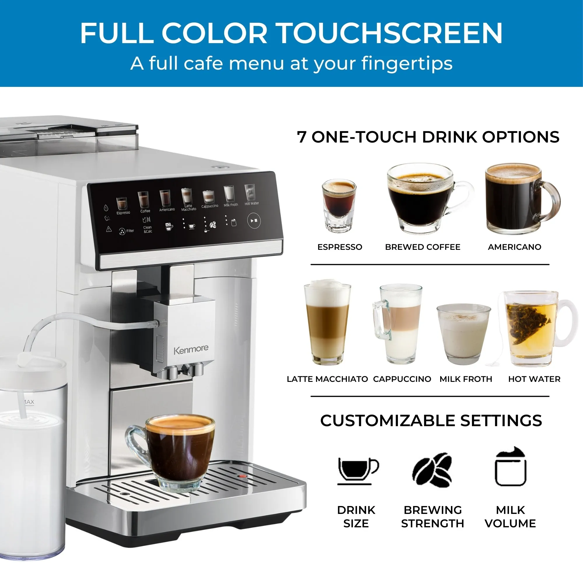 Kenmore Super Automatic Espresso Coffee Machine | Dual Cream System Milk Frother & Grinder | Full Color Touchscreen | One-Touch Cappuccino Latte Macchiato | 15 Bar Fully Automatic Coffeemaker | White