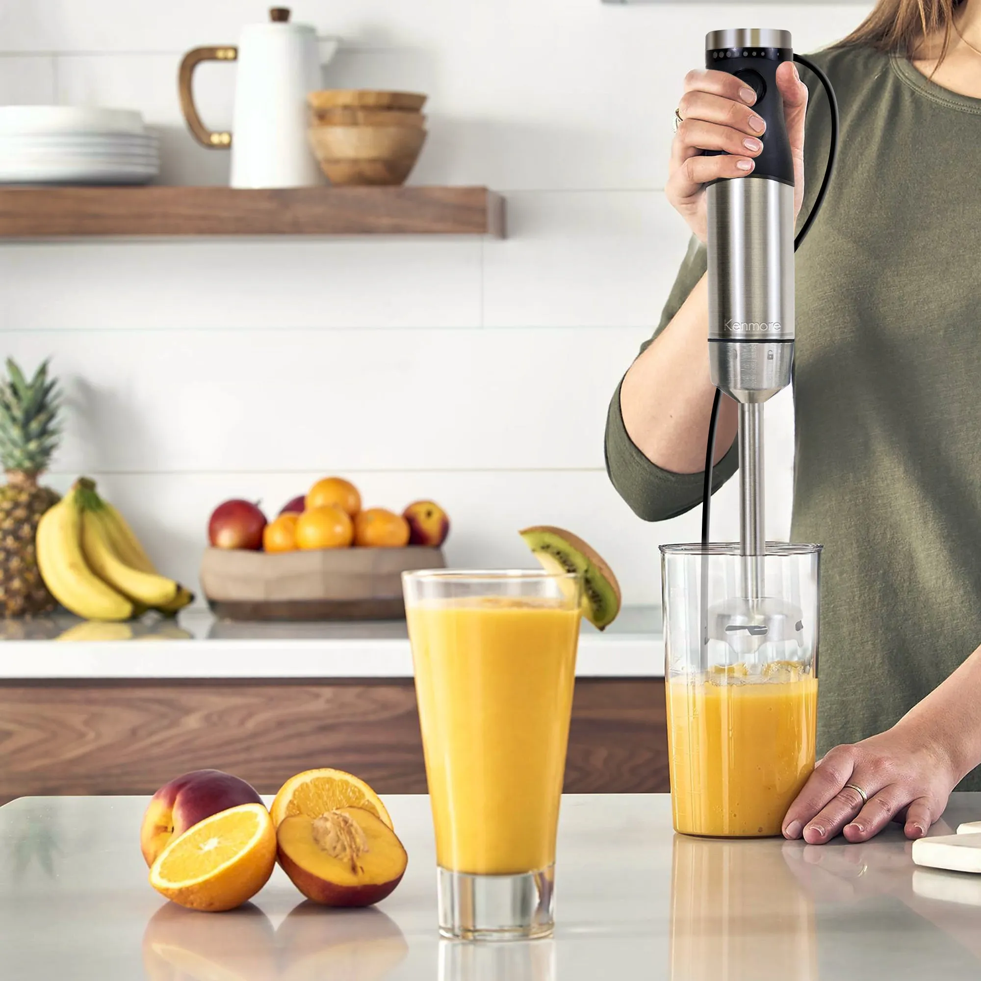 Kenmore Variable Speed Immersion Blender With Food Chopper & Whisk | Hand Blender With Turbo Pulse | Stainless Steel Quad Blades | Handheld Blending Stick | 700mL Beaker & Storage Lid | Black & Silver