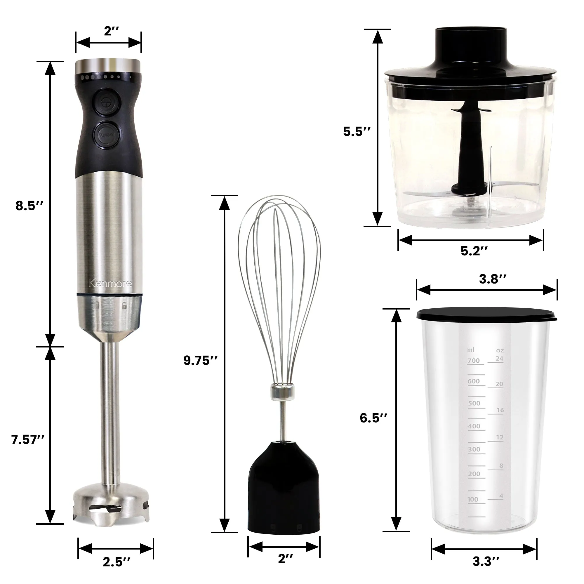 Kenmore Variable Speed Immersion Blender With Food Chopper & Whisk | Hand Blender With Turbo Pulse | Stainless Steel Quad Blades | Handheld Blending Stick | 700mL Beaker & Storage Lid | Black & Silver