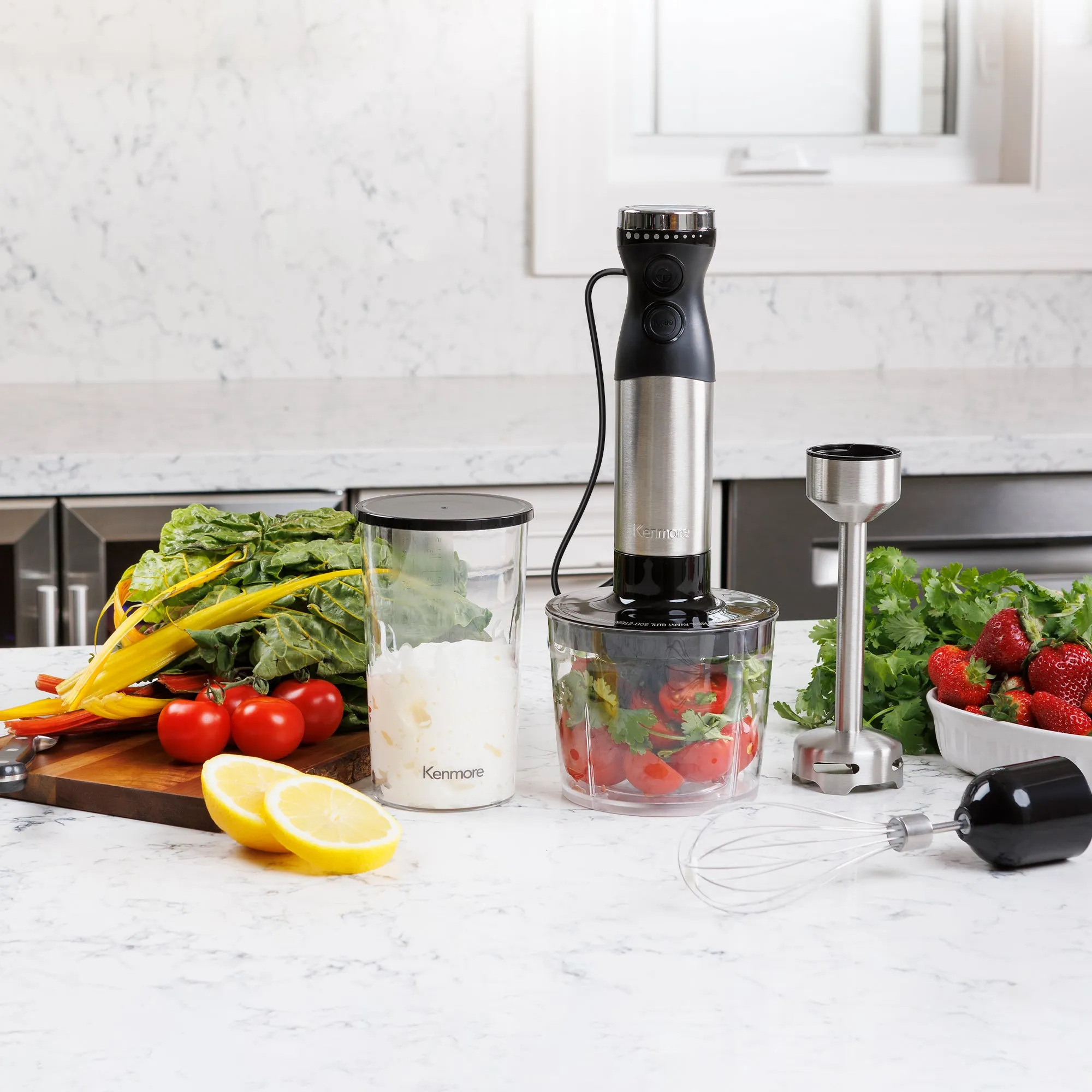 Kenmore Variable Speed Immersion Blender With Food Chopper & Whisk | Hand Blender With Turbo Pulse | Stainless Steel Quad Blades | Handheld Blending Stick | 700mL Beaker & Storage Lid | Black & Silver