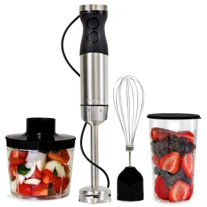 Kenmore Variable Speed Immersion Blender With Food Chopper & Whisk | Hand Blender With Turbo Pulse | Stainless Steel Quad Blades | Handheld Blending Stick | 700mL Beaker & Storage Lid | Black & Silver