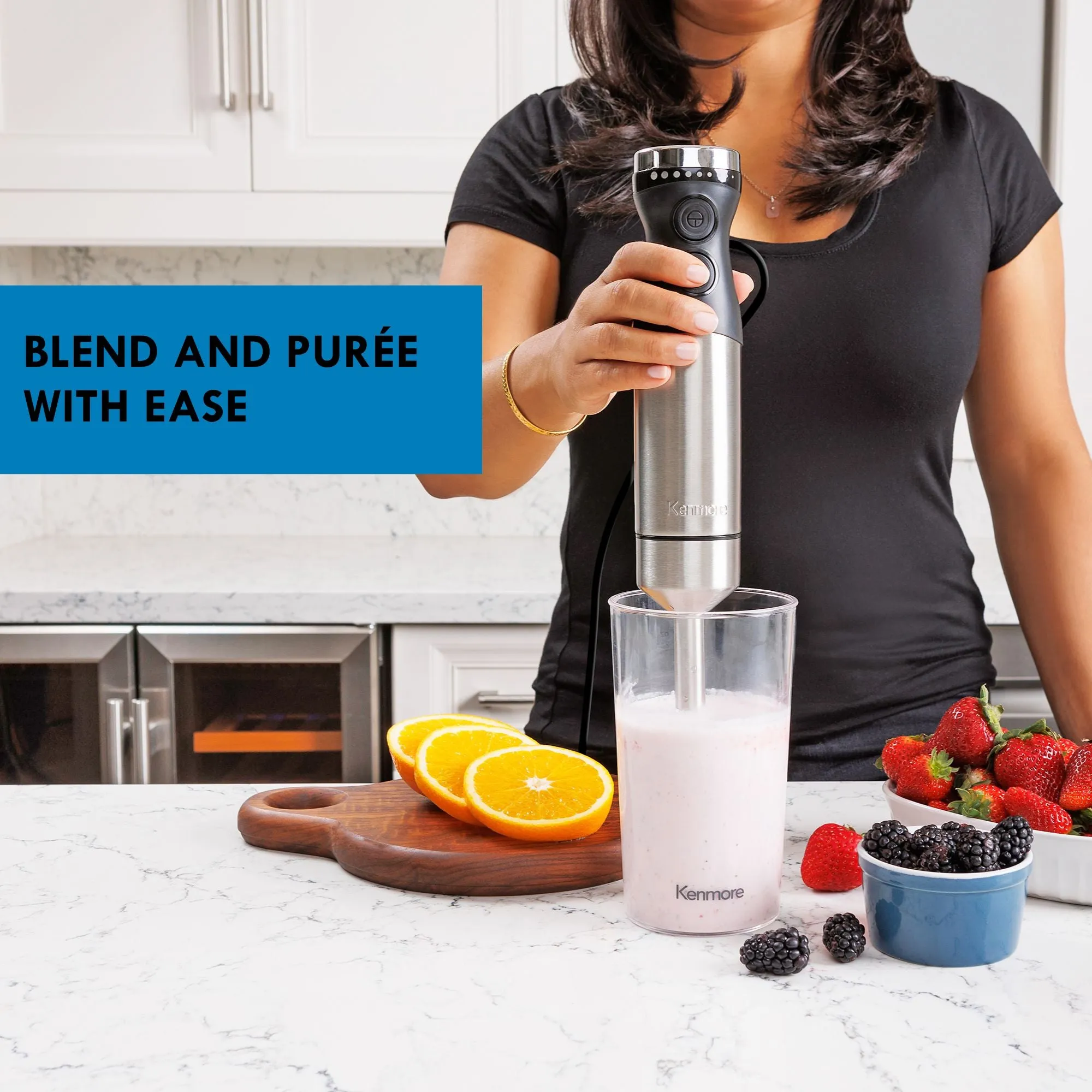 Kenmore Variable Speed Immersion Blender With Food Chopper & Whisk | Hand Blender With Turbo Pulse | Stainless Steel Quad Blades | Handheld Blending Stick | 700mL Beaker & Storage Lid | Black & Silver