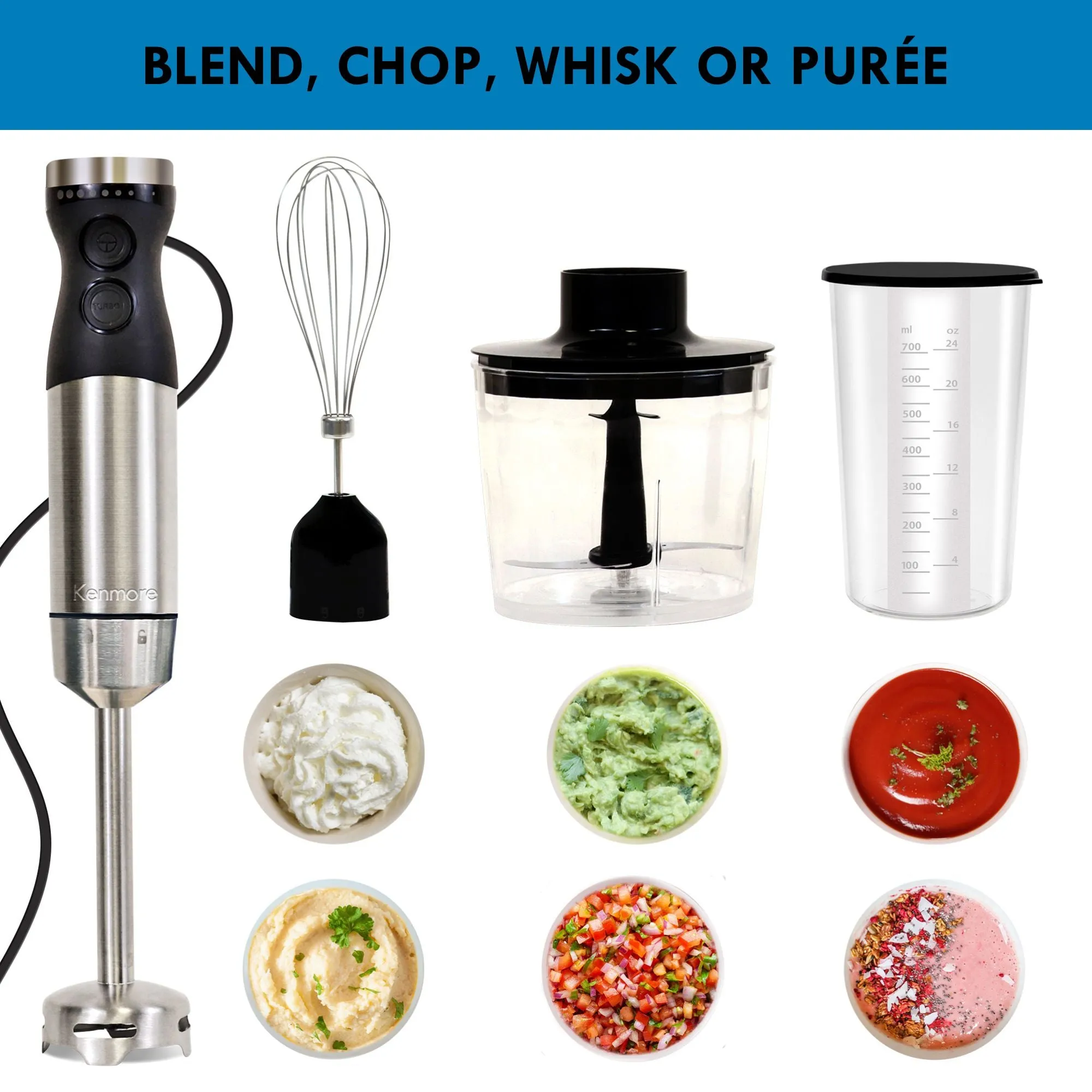 Kenmore Variable Speed Immersion Blender With Food Chopper & Whisk | Hand Blender With Turbo Pulse | Stainless Steel Quad Blades | Handheld Blending Stick | 700mL Beaker & Storage Lid | Black & Silver
