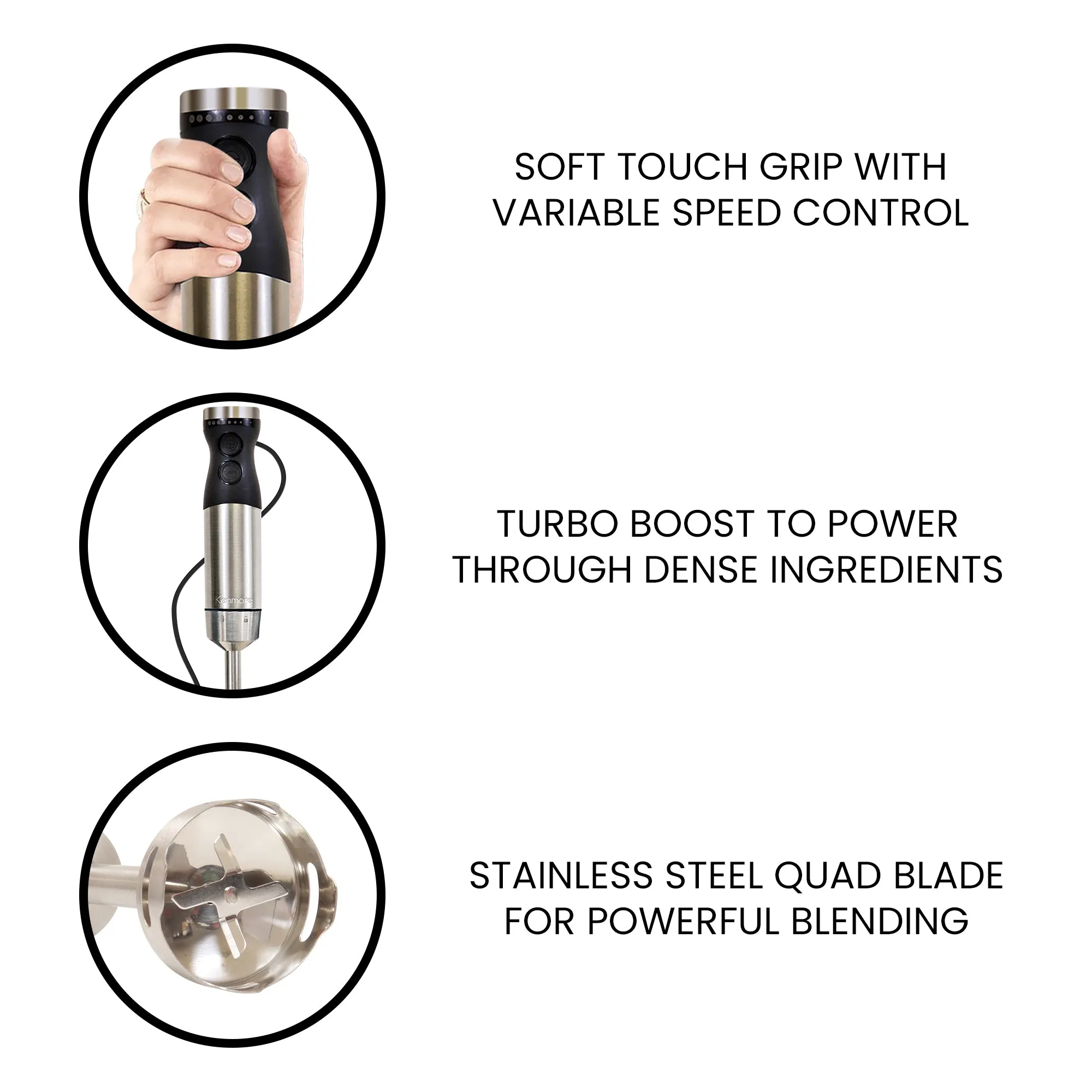 Kenmore Variable Speed Immersion Blender With Food Chopper & Whisk | Hand Blender With Turbo Pulse | Stainless Steel Quad Blades | Handheld Blending Stick | 700mL Beaker & Storage Lid | Black & Silver