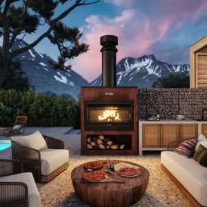 MATAKANA 1200 CORTEN CABINET WITH FLUE (includes FIRE, CORTEN FLATPACK & FLUE KIT)
