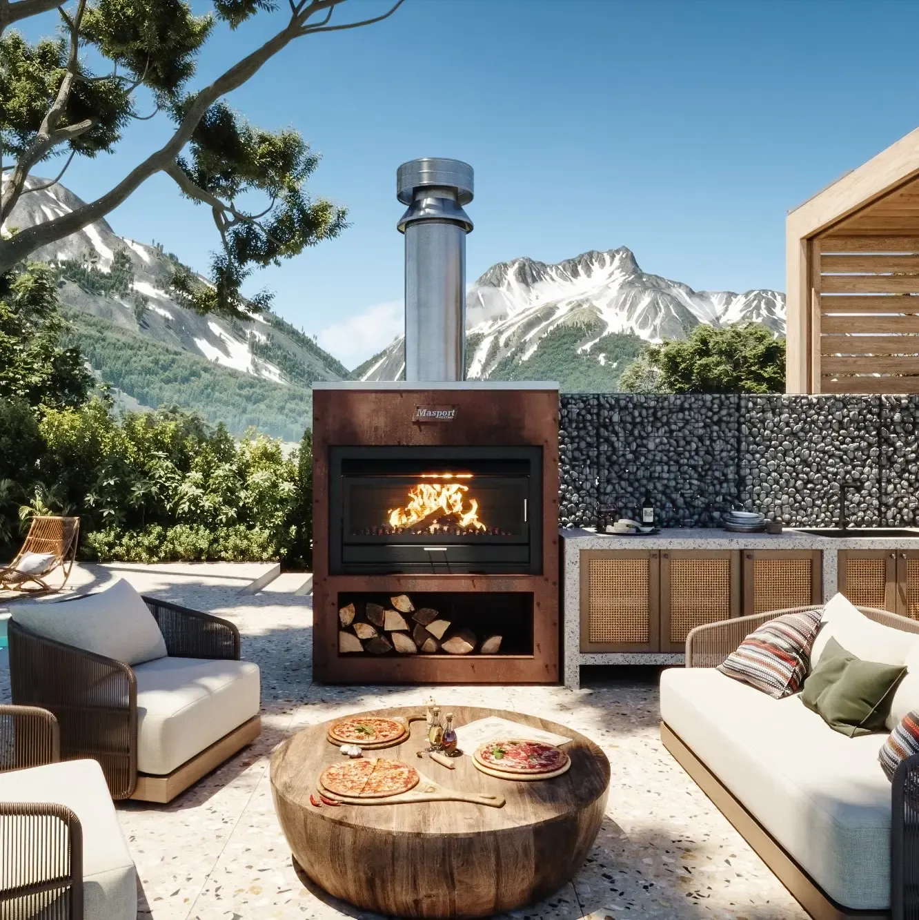 MATAKANA 1200 CORTEN CABINET WITH FLUE (includes FIRE, CORTEN FLATPACK & FLUE KIT)