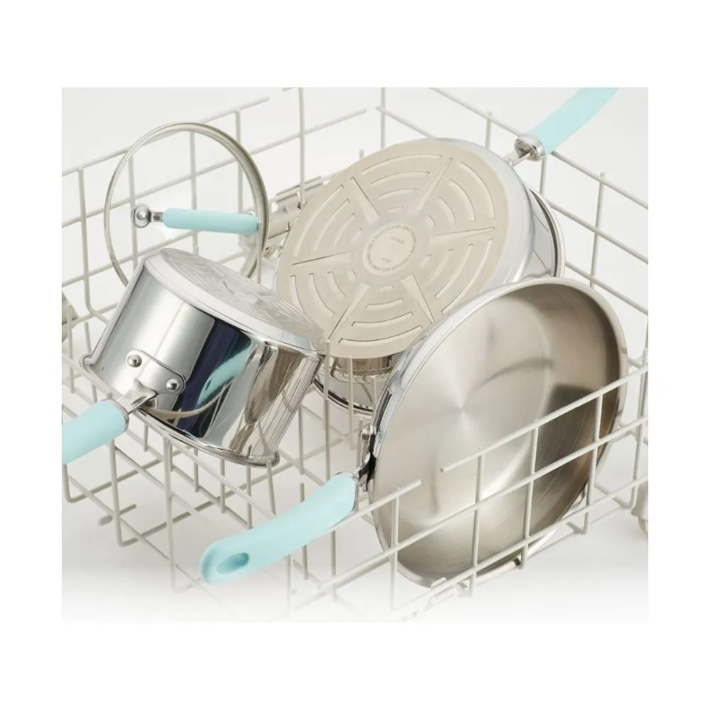Rachael Ray 70412 10-Piece Create Delicious Stainless Steel Pots and Pans Set, Cookware Set, Light Blue Handles