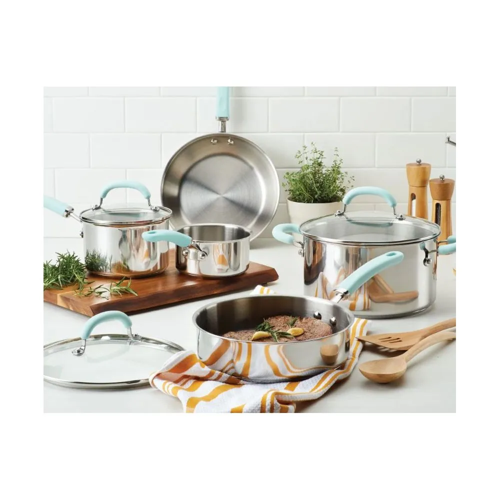 Rachael Ray 70412 10-Piece Create Delicious Stainless Steel Pots and Pans Set, Cookware Set, Light Blue Handles