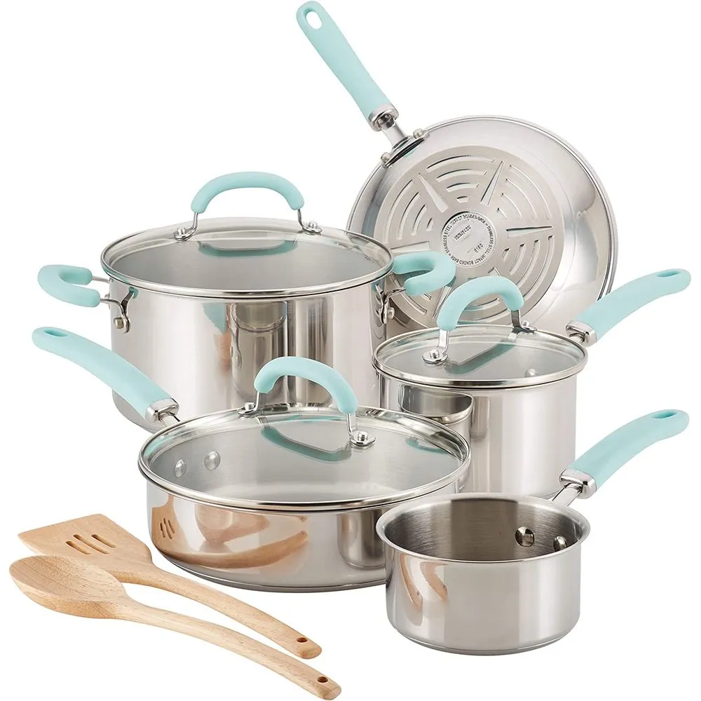 Rachael Ray 70412 10-Piece Create Delicious Stainless Steel Pots and Pans Set, Cookware Set, Light Blue Handles