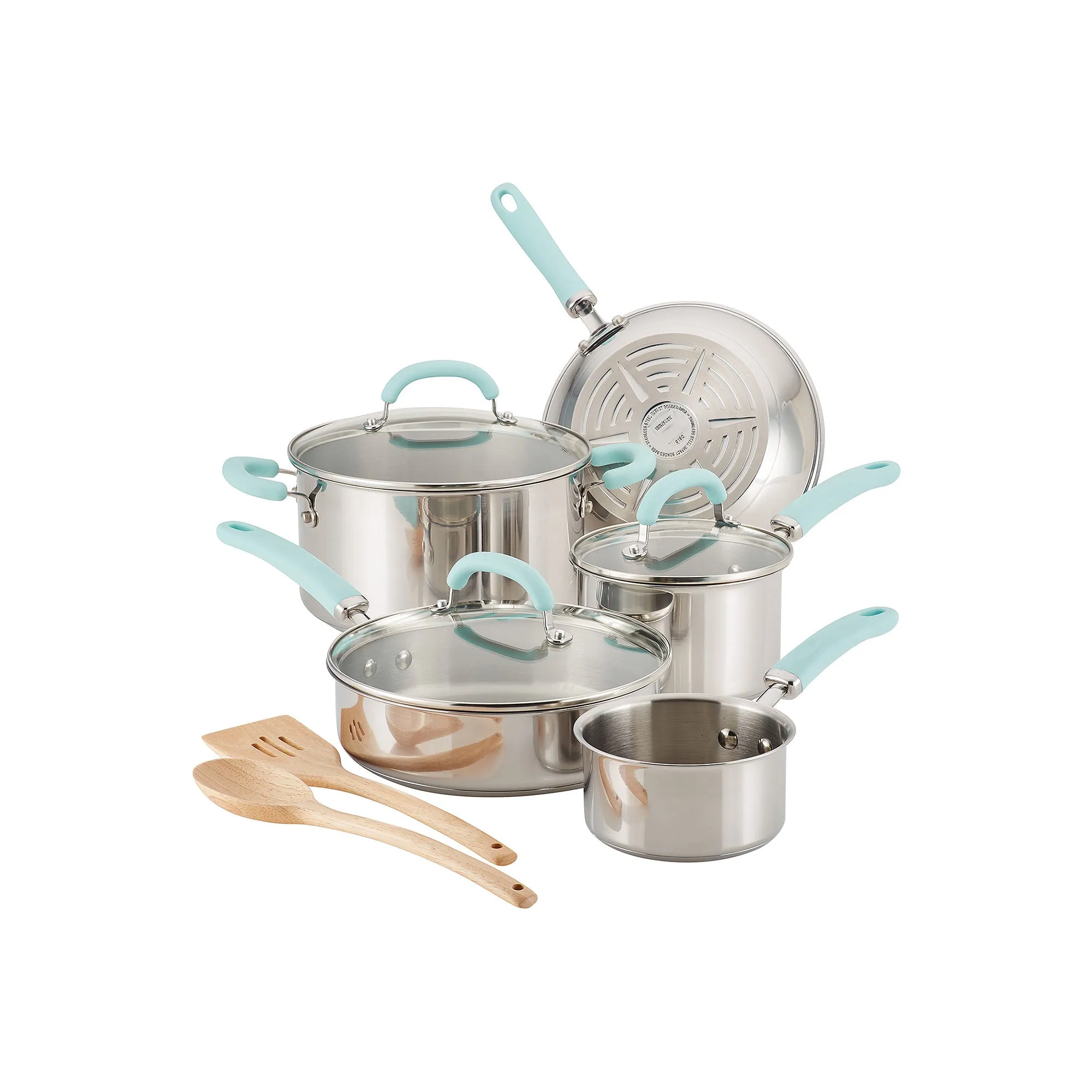 Rachael Ray 70412 10-Piece Create Delicious Stainless Steel Pots and Pans Set, Cookware Set, Light Blue Handles