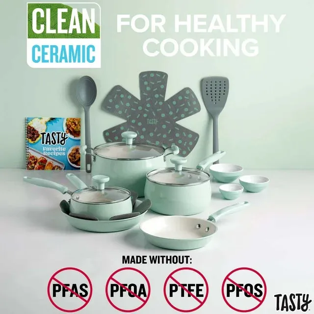 Tasty TY11857-ASL Clean Ceramic 16 Piece Non-Stick Aluminum Cookware Set, Sage Green