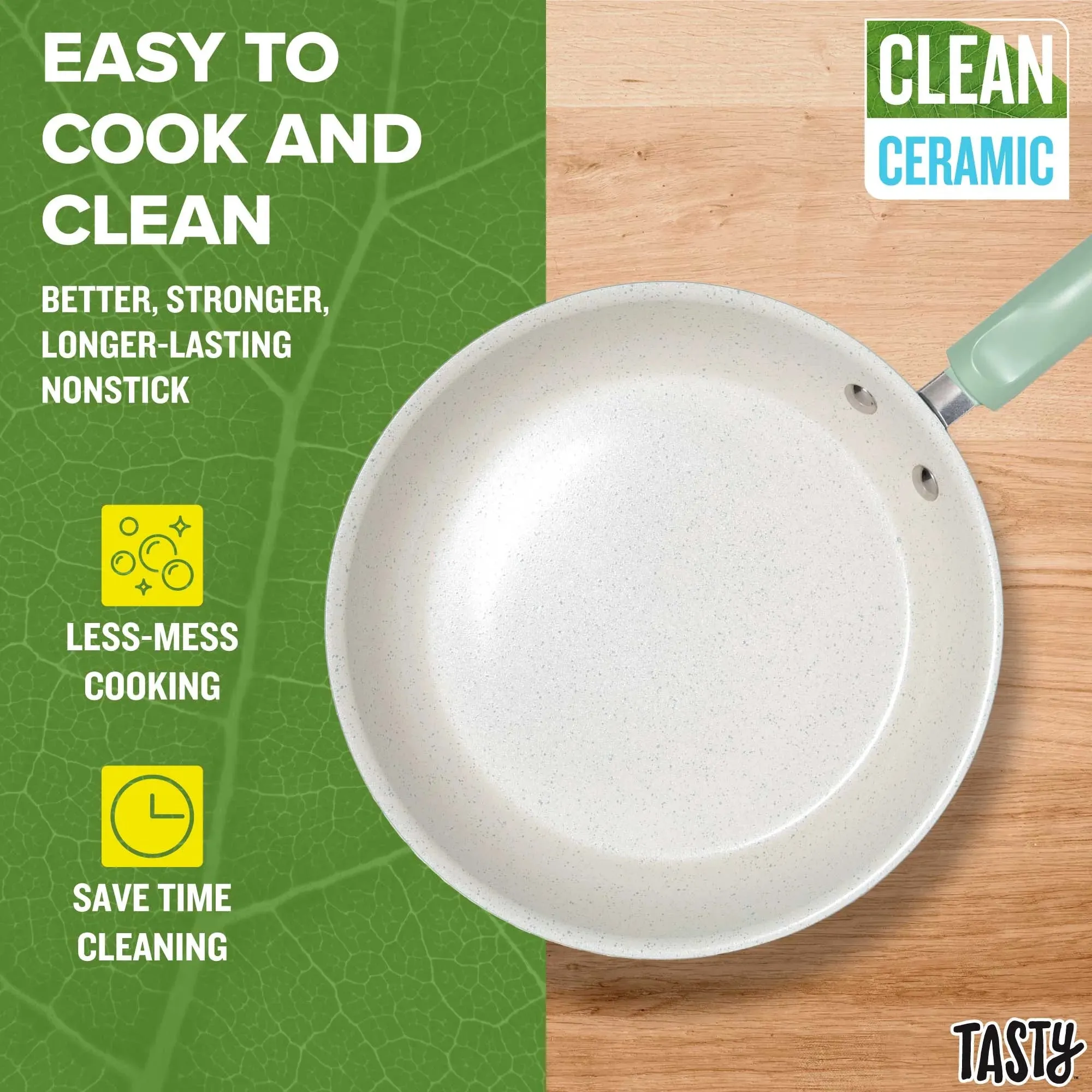 Tasty TY11857-ASL Clean Ceramic 16 Piece Non-Stick Aluminum Cookware Set, Sage Green