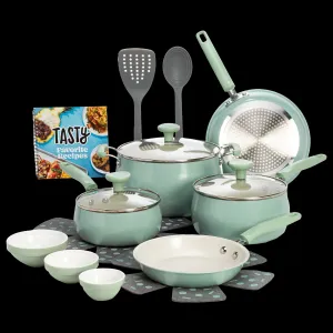 Tasty TY11857-ASL Clean Ceramic 16 Piece Non-Stick Aluminum Cookware Set, Sage Green