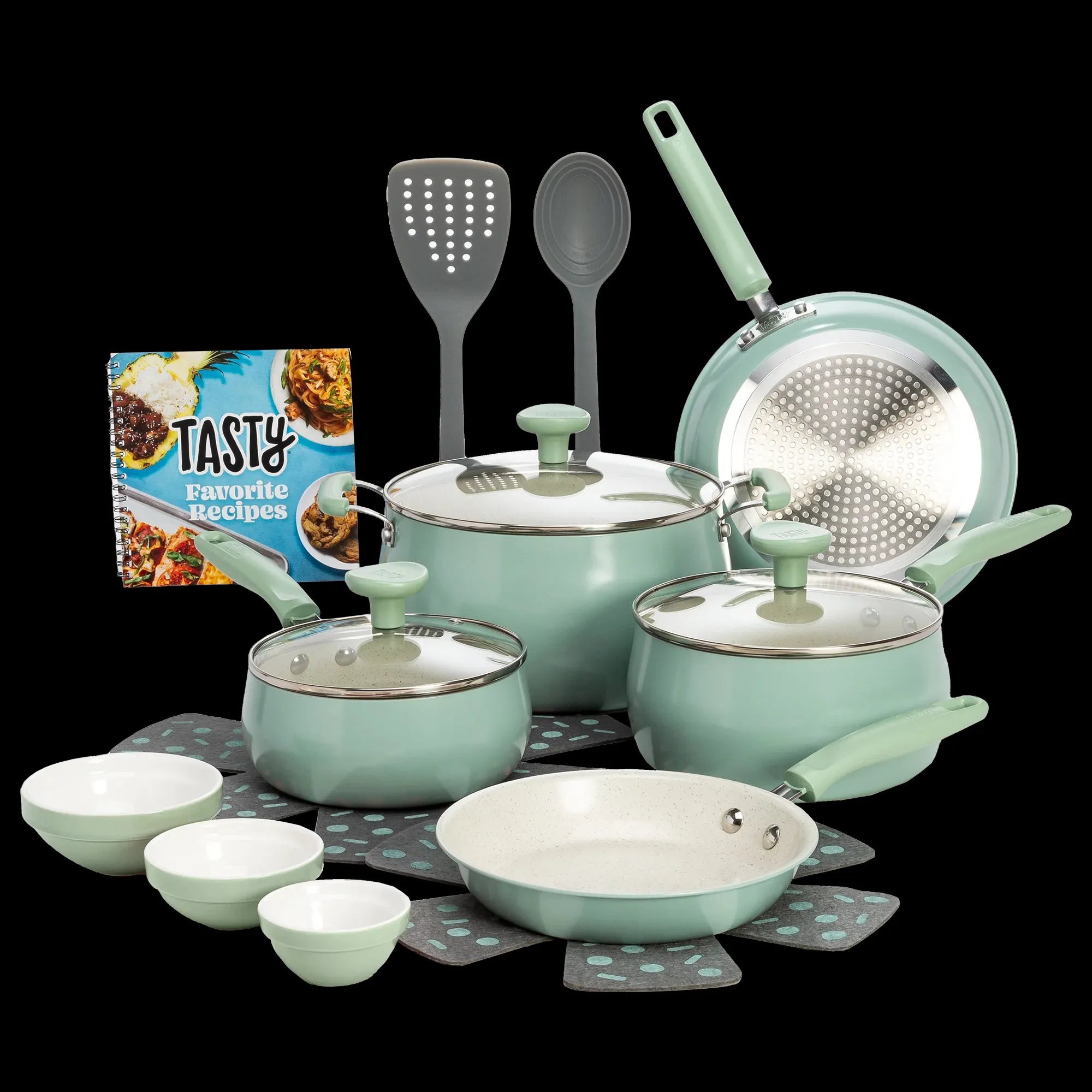 Tasty TY11857-ASL Clean Ceramic 16 Piece Non-Stick Aluminum Cookware Set, Sage Green