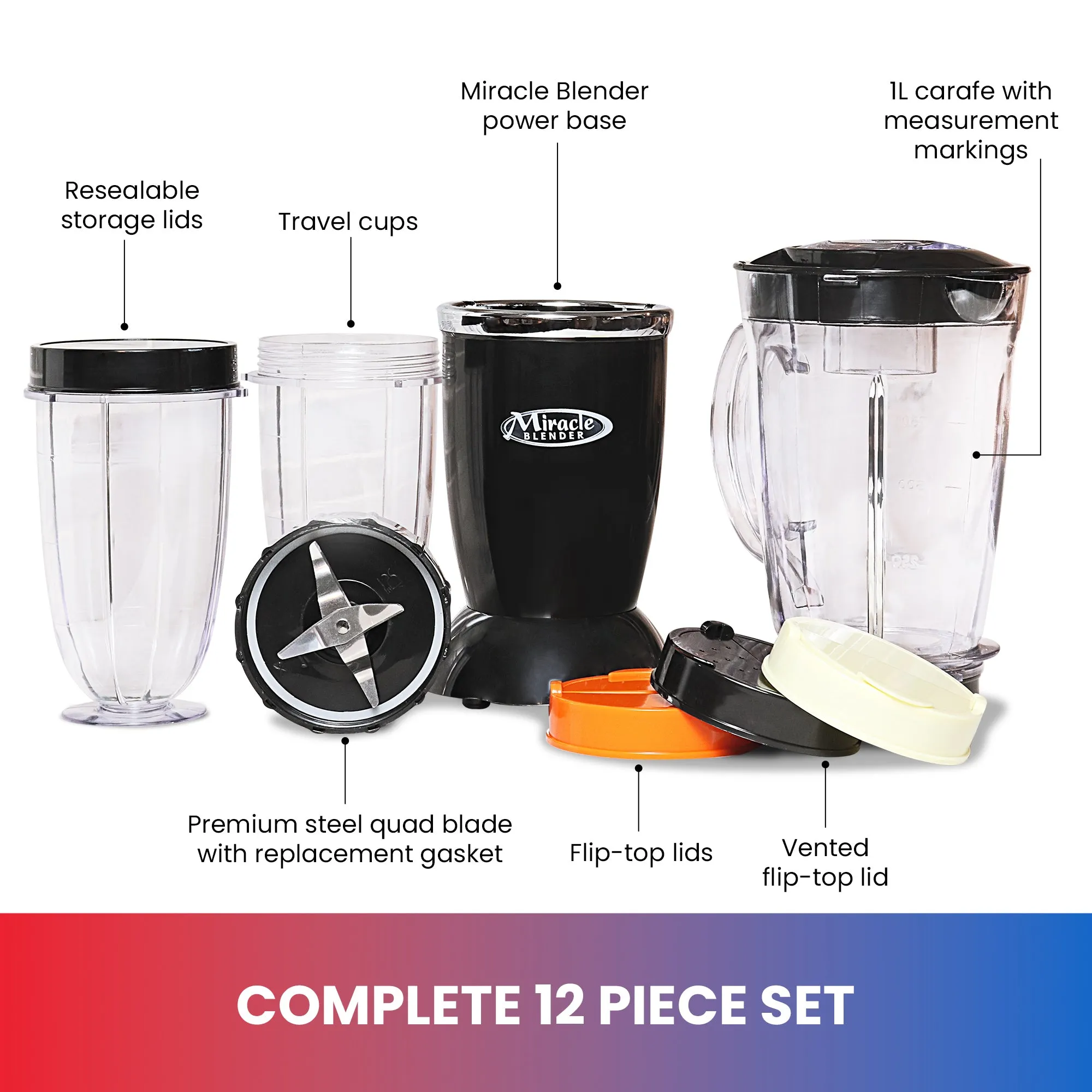 Total Chef Miracle Blender, 12 pc Bullet Blender Set with Heavy Duty Quad Blade, 1L Carafe, Travel Cups and Lids, Dishwasher-Safe Accessories, for smoothies, shakes, sauces, salsas, baby food